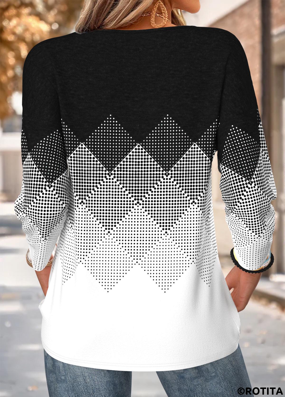Black tops,Geometric tops,ROTITA Curved Hem Geometric Print Black Round Neck T Shirt