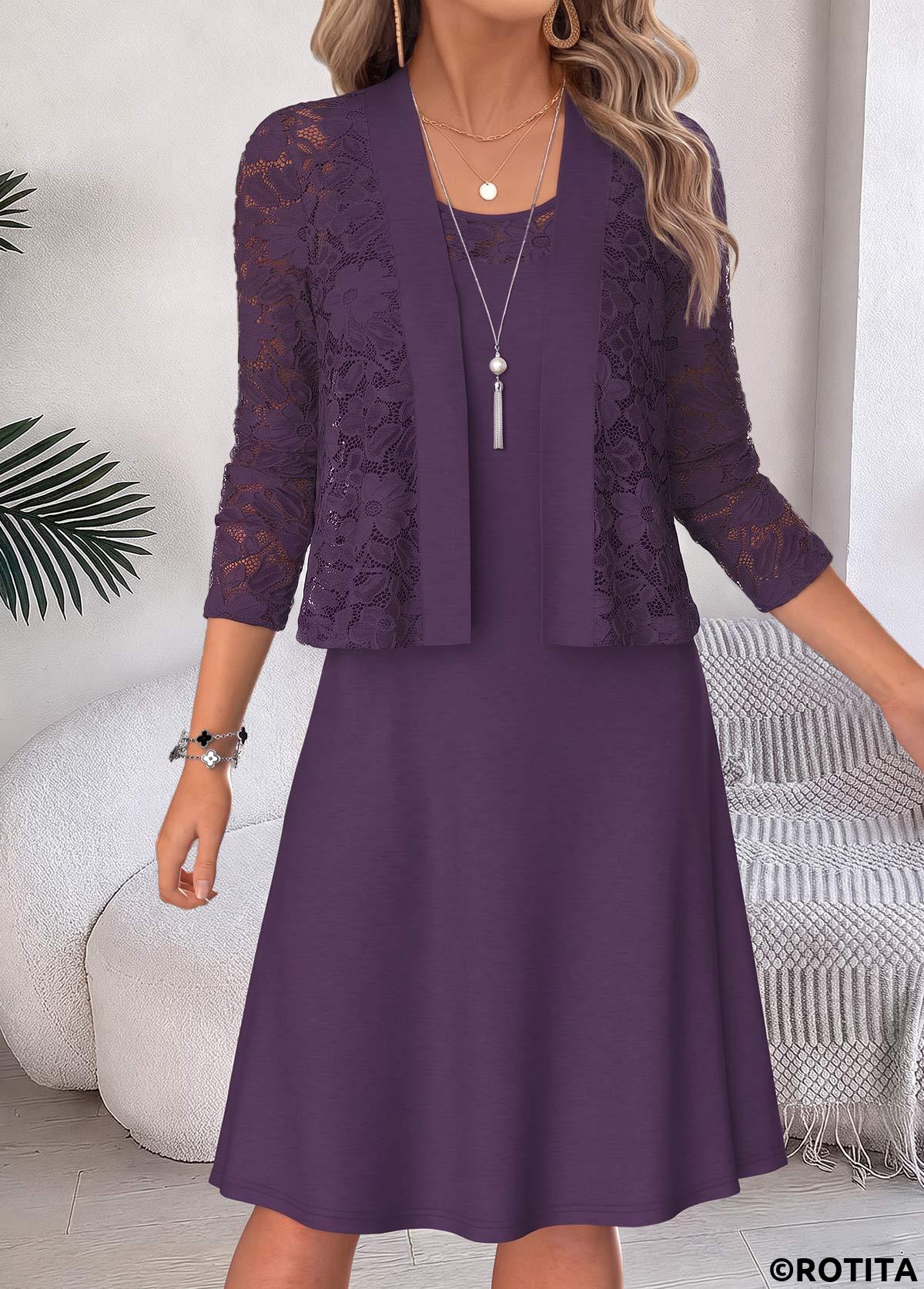 Purple dresses,Plain Color dresses,Everyday dresses,Casual dresses,ROTITA Purple Two-piece Round Neck Half Sleeve Dress and Cardigan