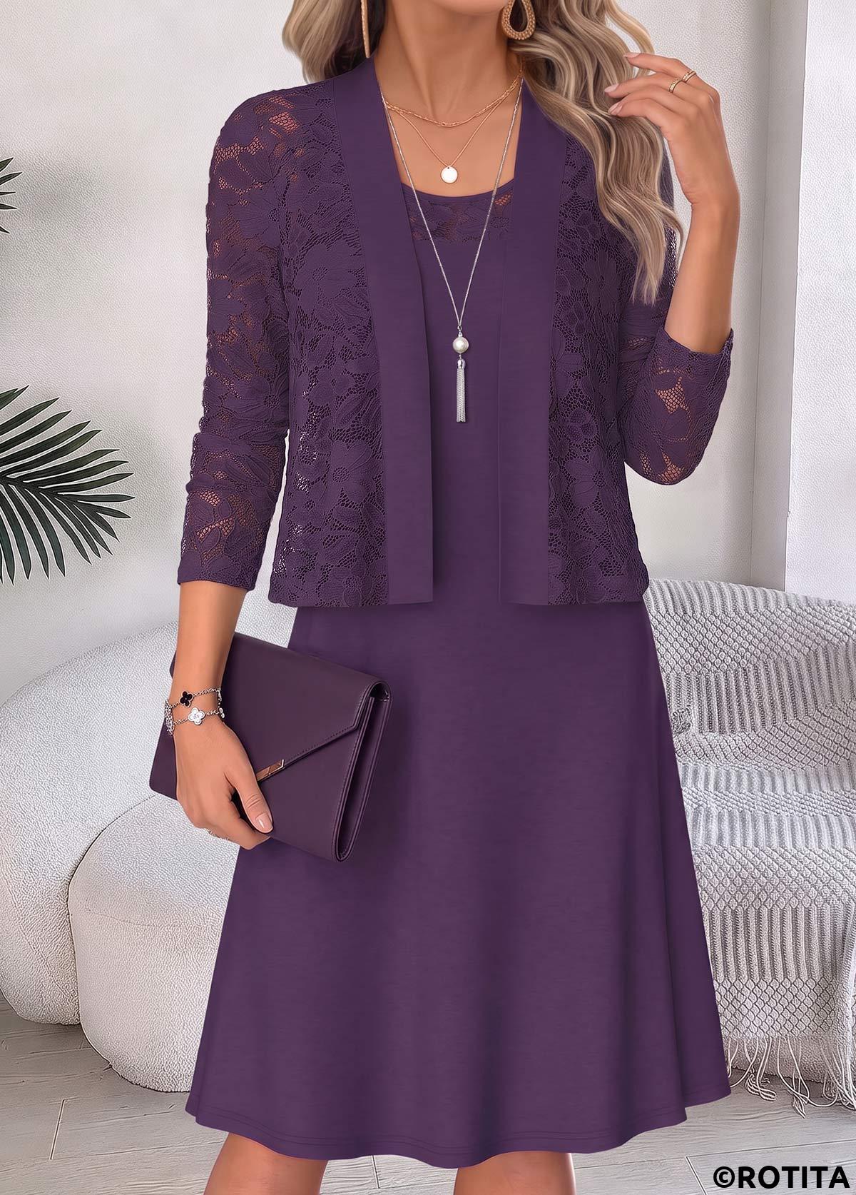 Purple dresses,Plain Color dresses,Everyday dresses,Casual dresses,ROTITA Purple Two-piece Round Neck Half Sleeve Dress and Cardigan