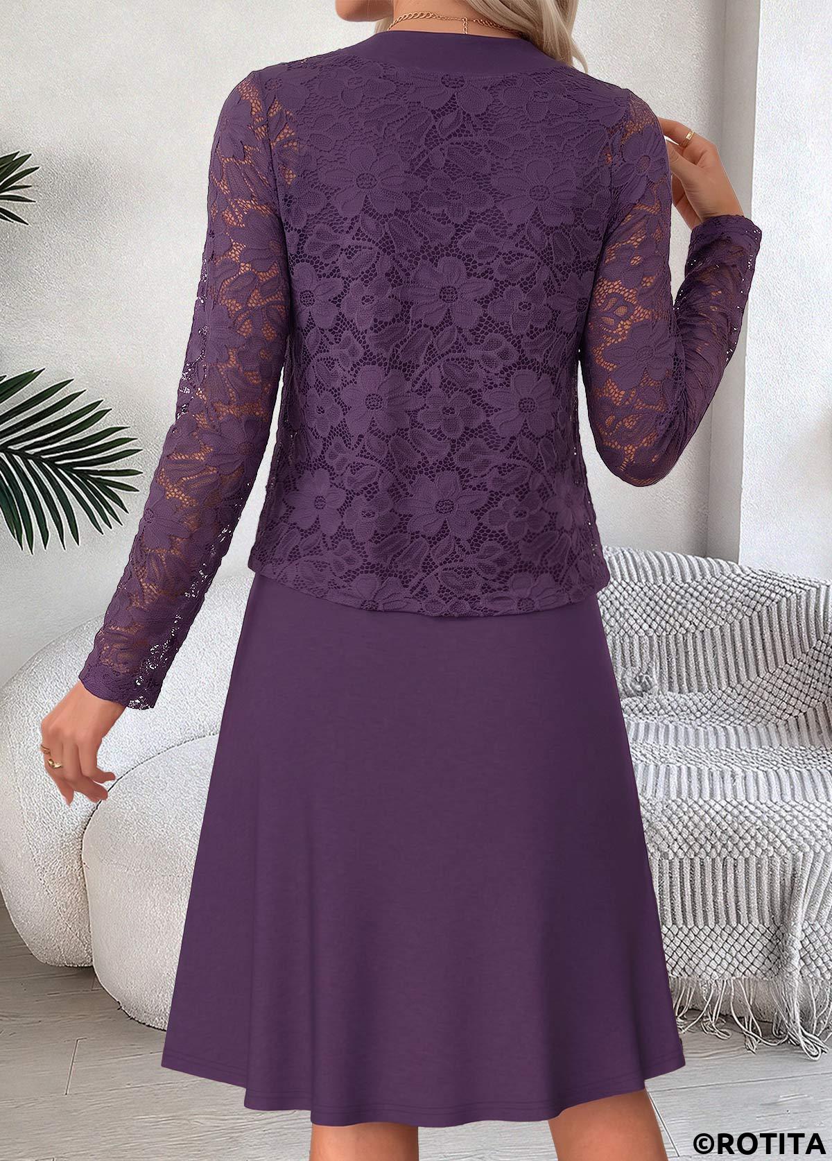 Purple dresses,Plain Color dresses,Everyday dresses,Casual dresses,ROTITA Purple Two-piece Round Neck Half Sleeve Dress and Cardigan