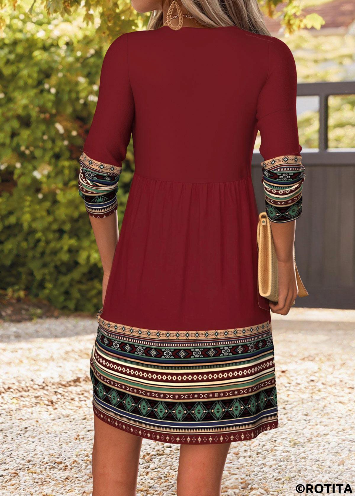 Wine Red dresses,Tribal dresses,Everyday dresses,Casual dresses,ROTITA Wine Red Tribal Print Shirred Short Split Neck Dress