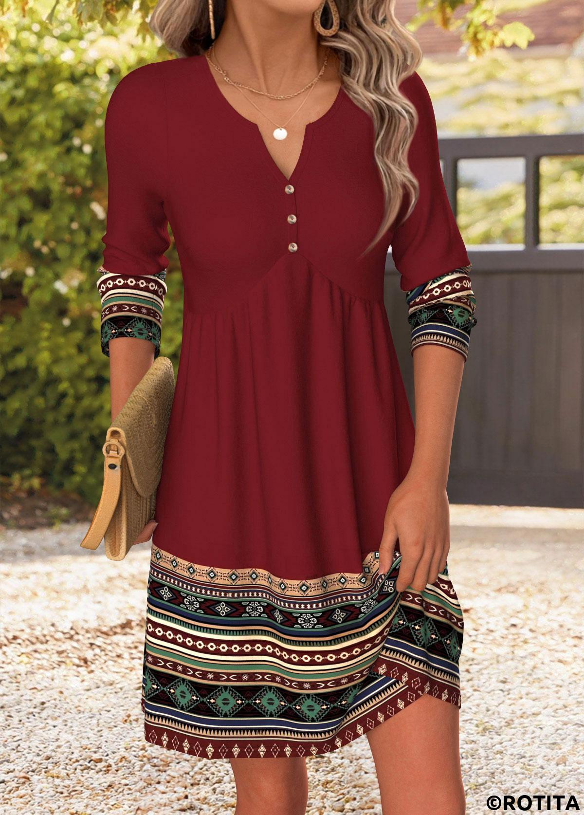 Wine Red dresses,Tribal dresses,Everyday dresses,Casual dresses,ROTITA Wine Red Tribal Print Shirred Short Split Neck Dress