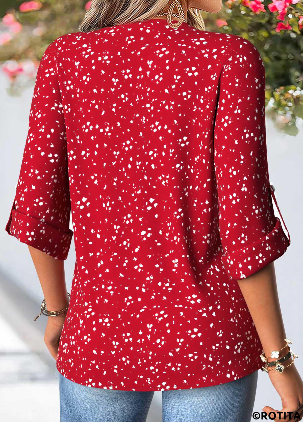 Red tops,Geometric tops,ROTITA Patchwork Geometric Print Red Split Neck 3/4 Sleeve Shirt