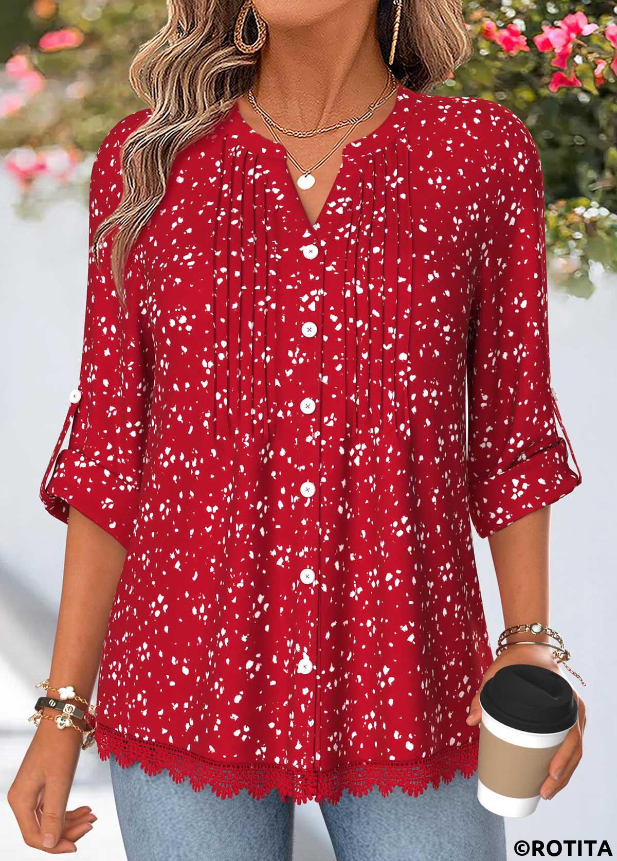Red tops,Geometric tops,ROTITA Patchwork Geometric Print Red Split Neck 3/4 Sleeve Shirt