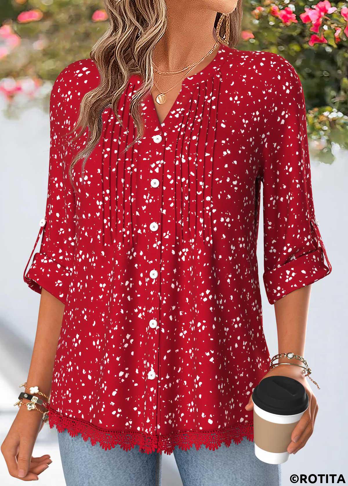 Red tops,Geometric tops,ROTITA Patchwork Geometric Print Red Split Neck 3/4 Sleeve Shirt