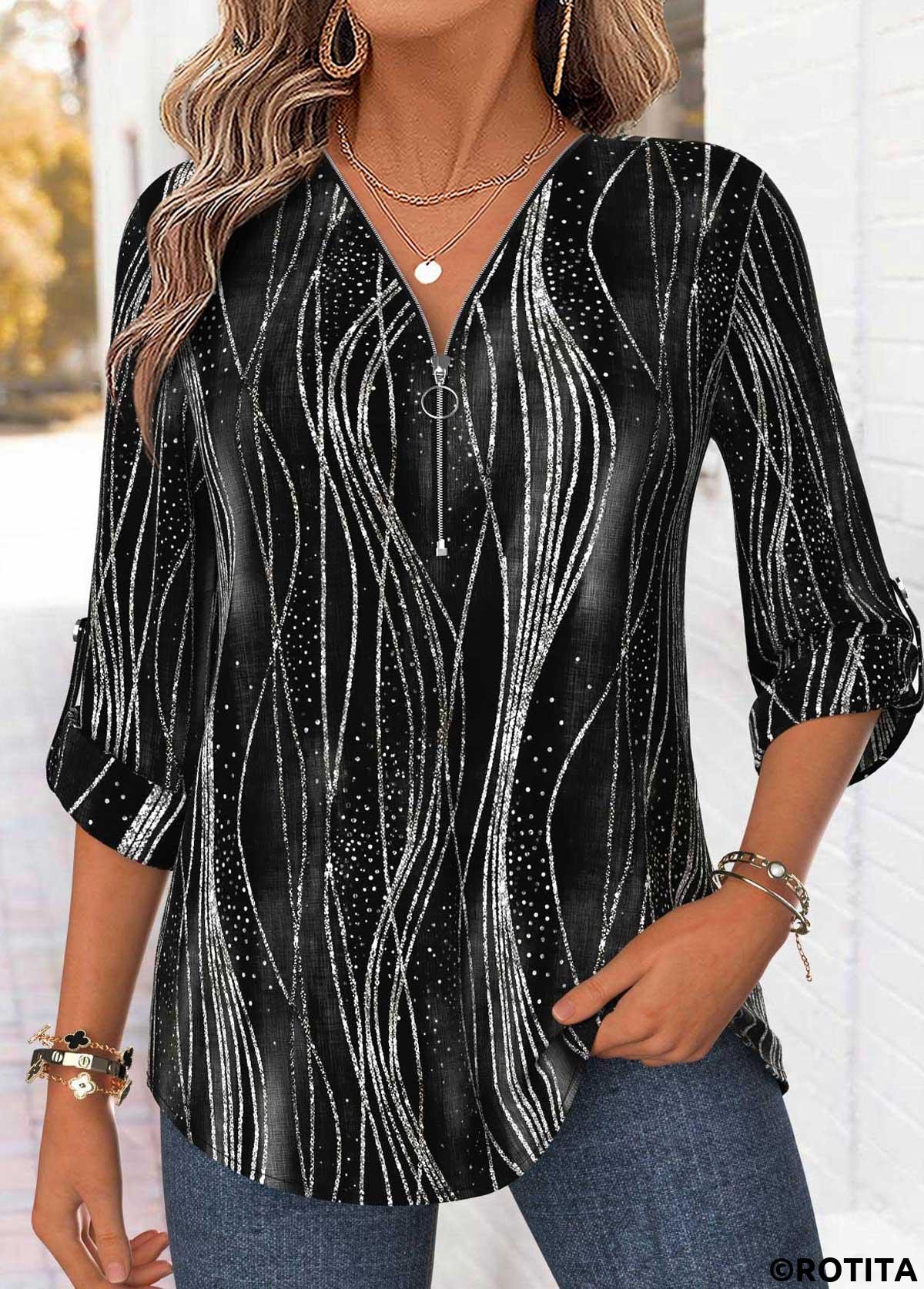Black tops,Ombre tops,ROTITA Curved Hem Ombre Black V Neck 3/4 Sleeve Blouse