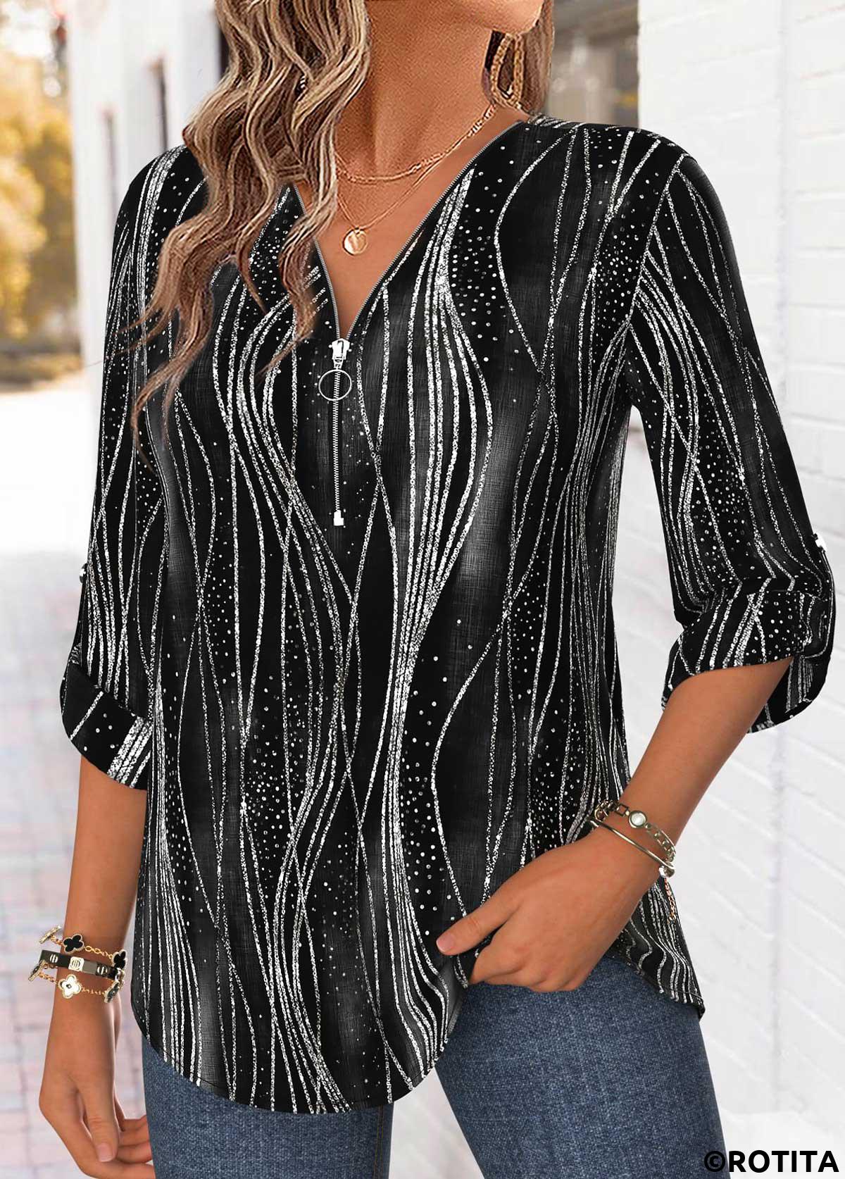 Black tops,Ombre tops,ROTITA Curved Hem Ombre Black V Neck 3/4 Sleeve Blouse