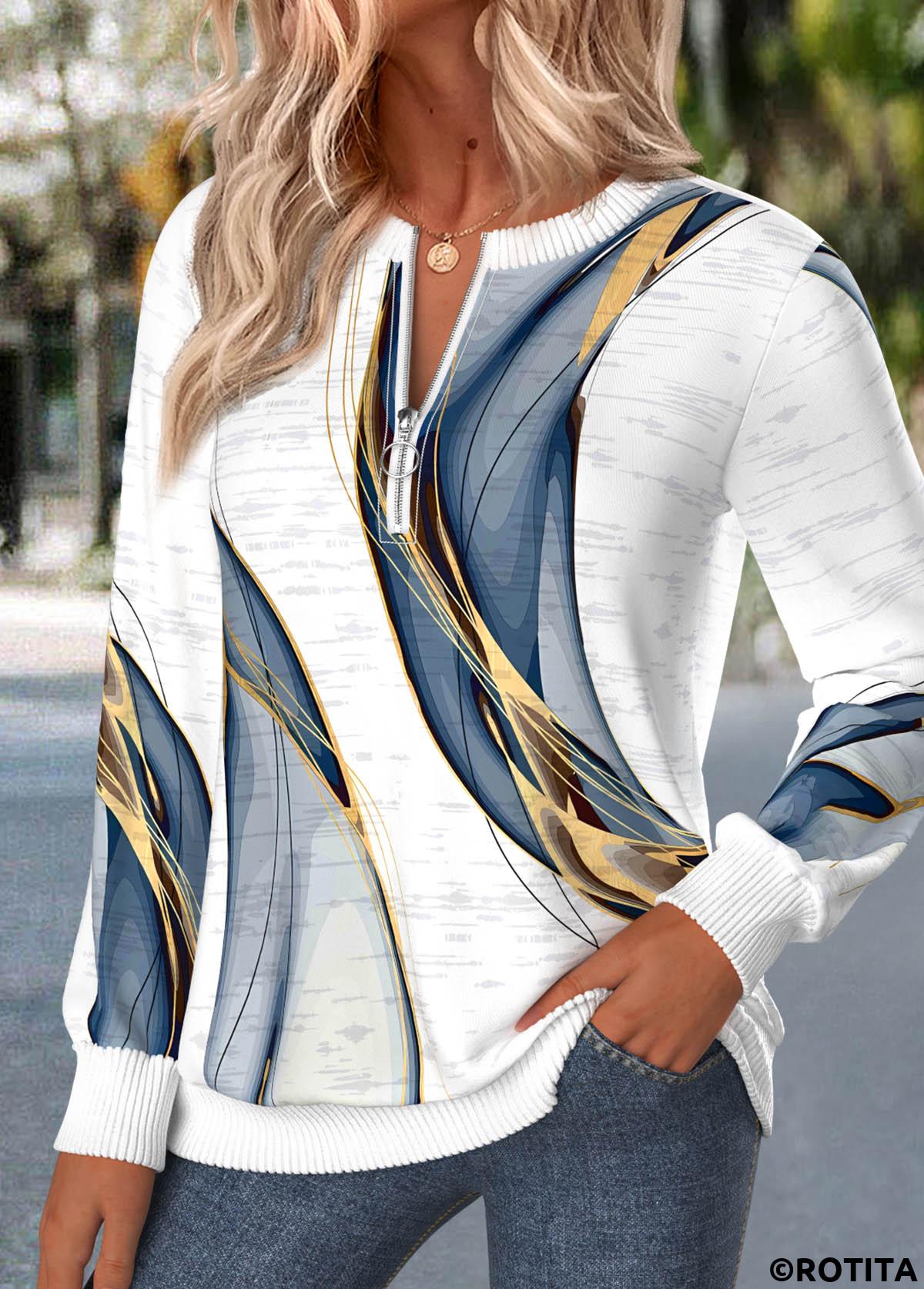 White tops,Geometric tops,ROTITA Zipper Geometric Print White Round Neck Long Sleeve Sweatshirt