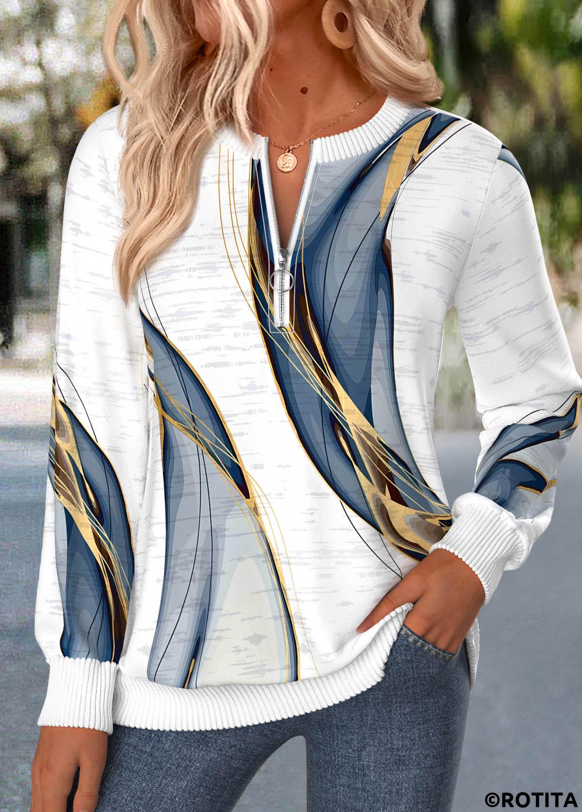 White tops,Geometric tops,ROTITA Zipper Geometric Print White Round Neck Long Sleeve Sweatshirt