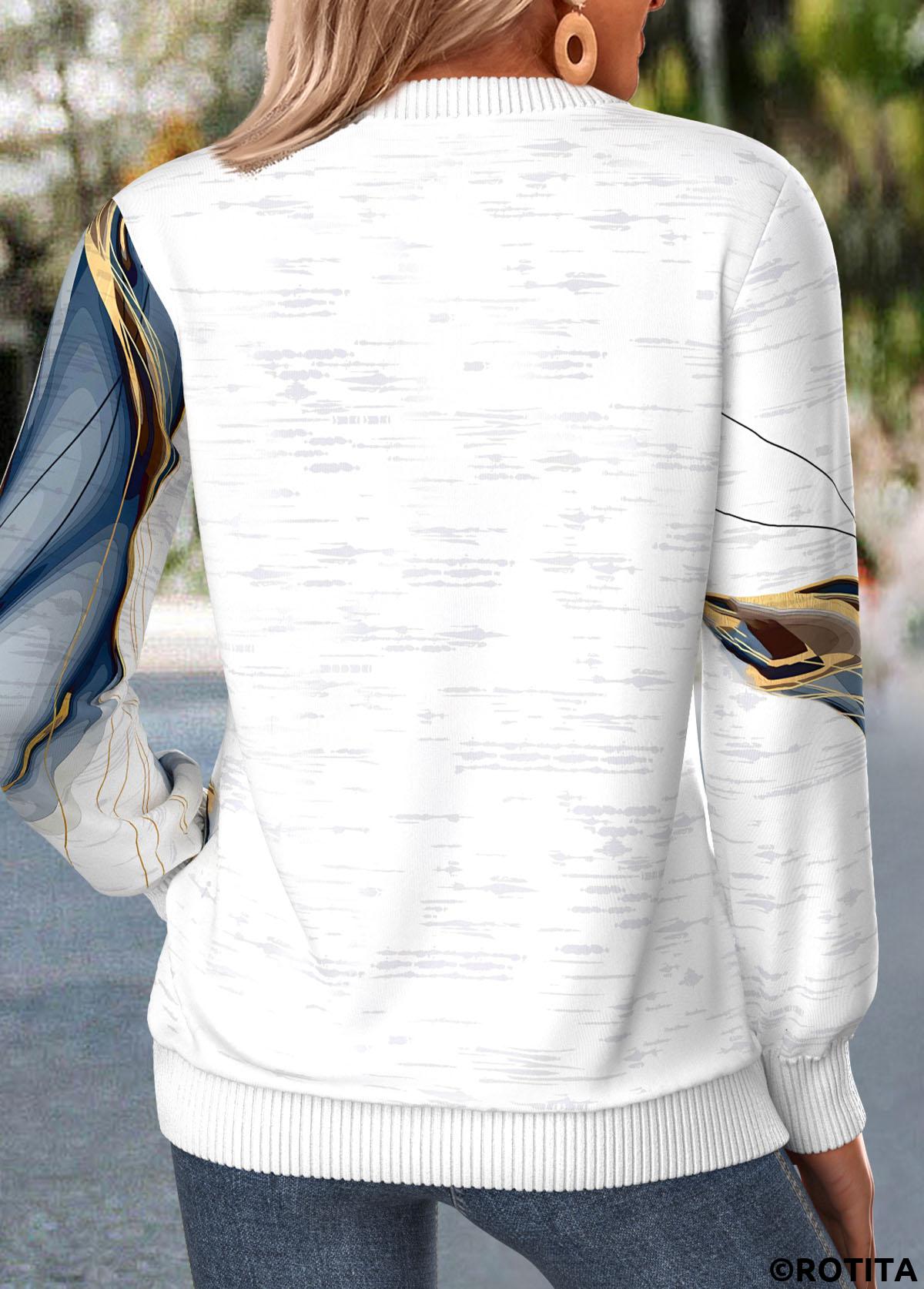 White tops,Geometric tops,ROTITA Zipper Geometric Print White Round Neck Long Sleeve Sweatshirt