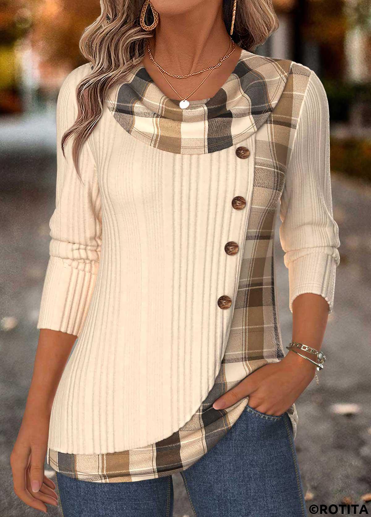 Beige tops,Plaid tops,Geometric tops,ROTITA Patchwork Plaid Beige Draped Neck Long Sleeve T Shirt