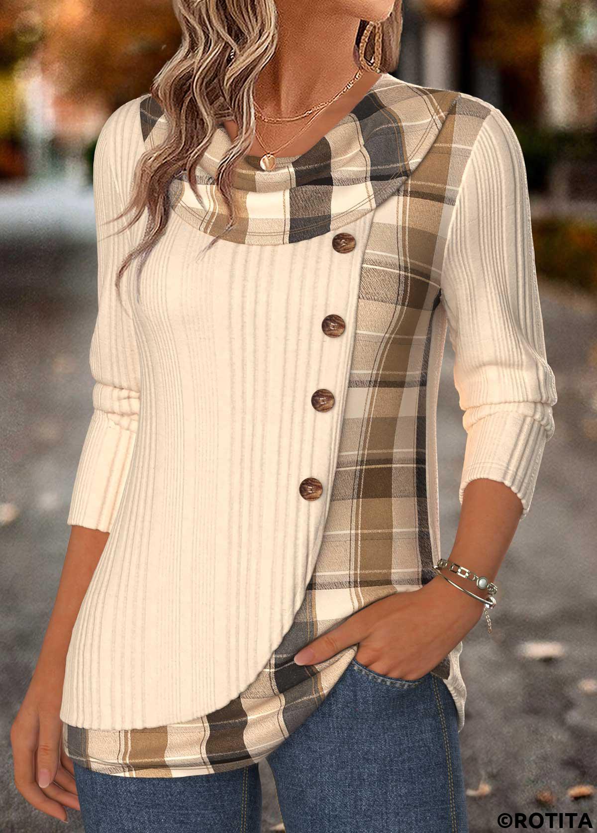 Beige tops,Plaid tops,Geometric tops,ROTITA Patchwork Plaid Beige Draped Neck Long Sleeve T Shirt