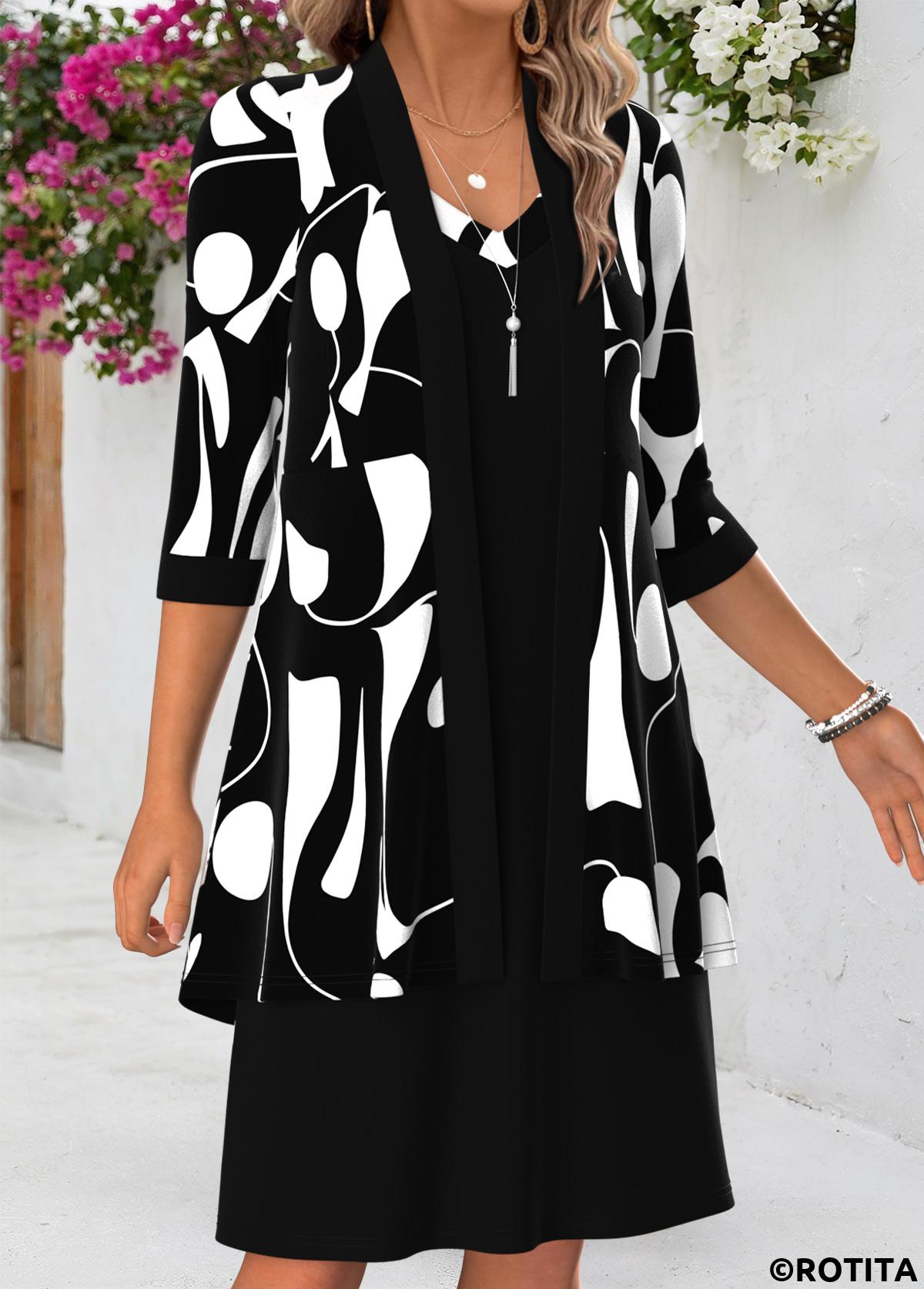 Black dresses,Geometric dresses,Everyday dresses,Casual dresses,ROTITA Black Geometric Print Tummy Coverage Dress and Cardigan