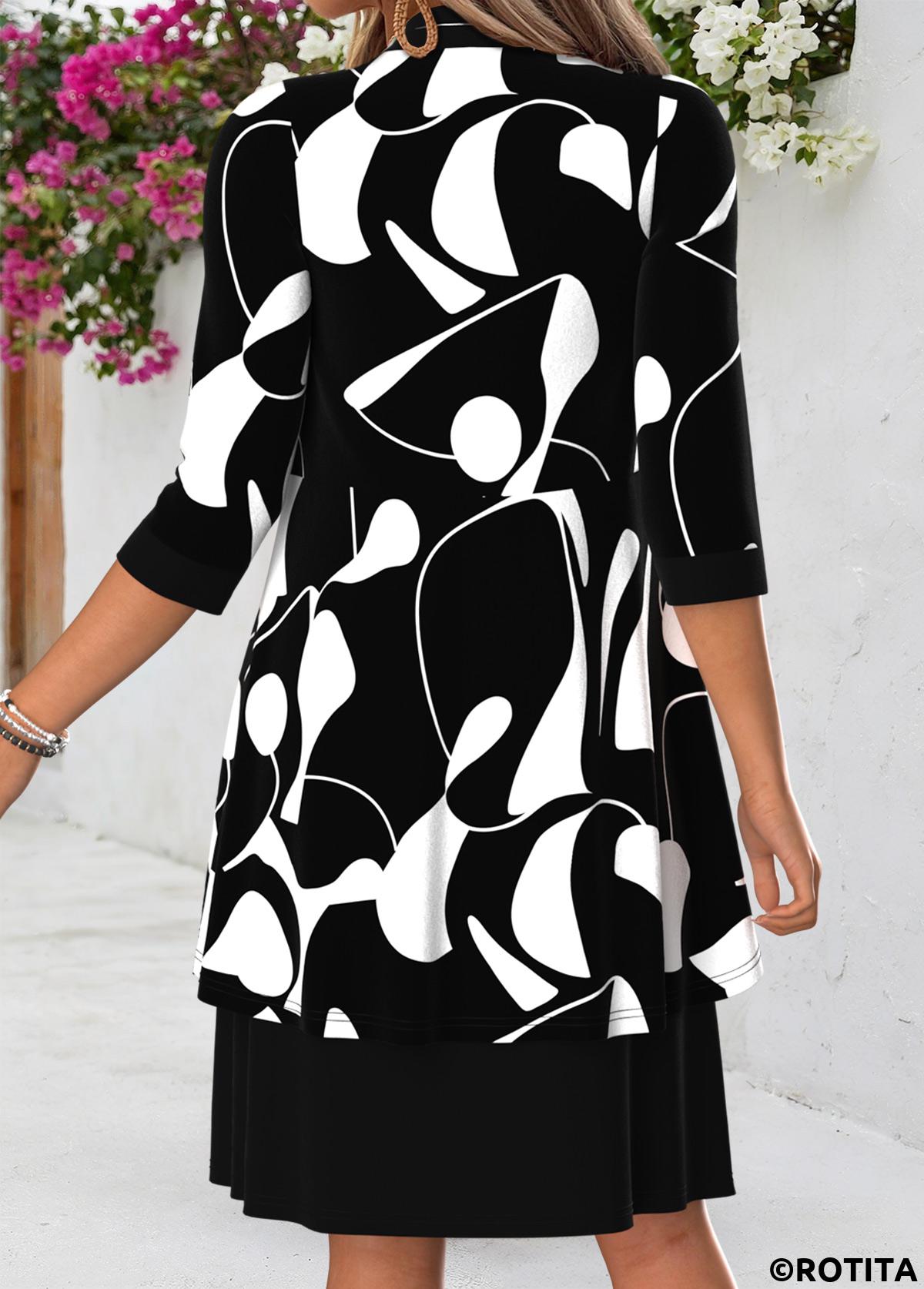 Black dresses,Geometric dresses,Everyday dresses,Casual dresses,ROTITA Black Geometric Print Tummy Coverage Dress and Cardigan