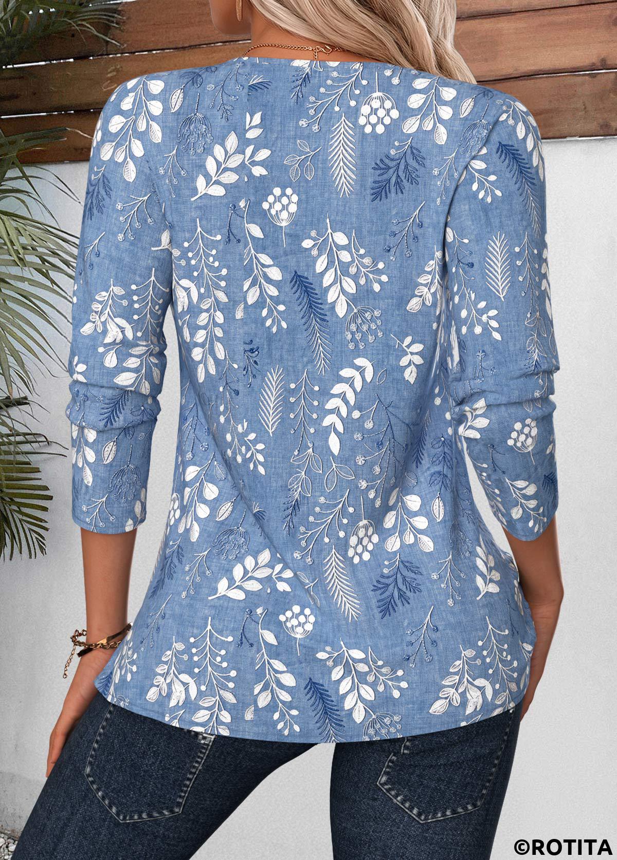 Blue tops,Plants tops,ROTITA Tuck Stitch Leaf Print Blue Split Neck Blouse
