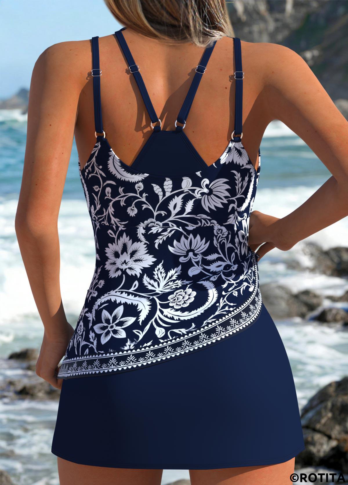 Navy swimwear,Plants swimwear,Floral swimwear,ROTITA Navy Fake 2in1 Random Floral Print Tankini Set