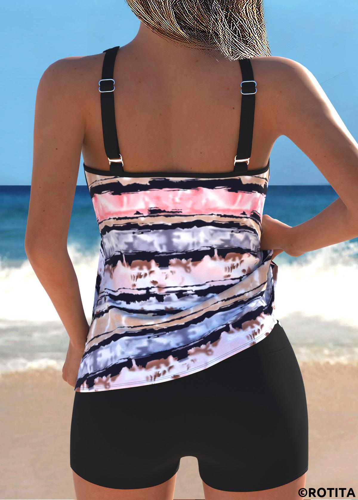 Black swimwear,Plants swimwear,ROTITA Black Striped Scoop Neck Wide Strap Tankini Top