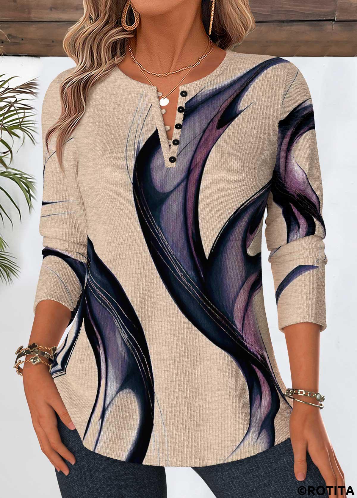 Multi Color tops,Geometric tops,ROTITA Tummy Coverage Geometric Print Multi Color T Shirt