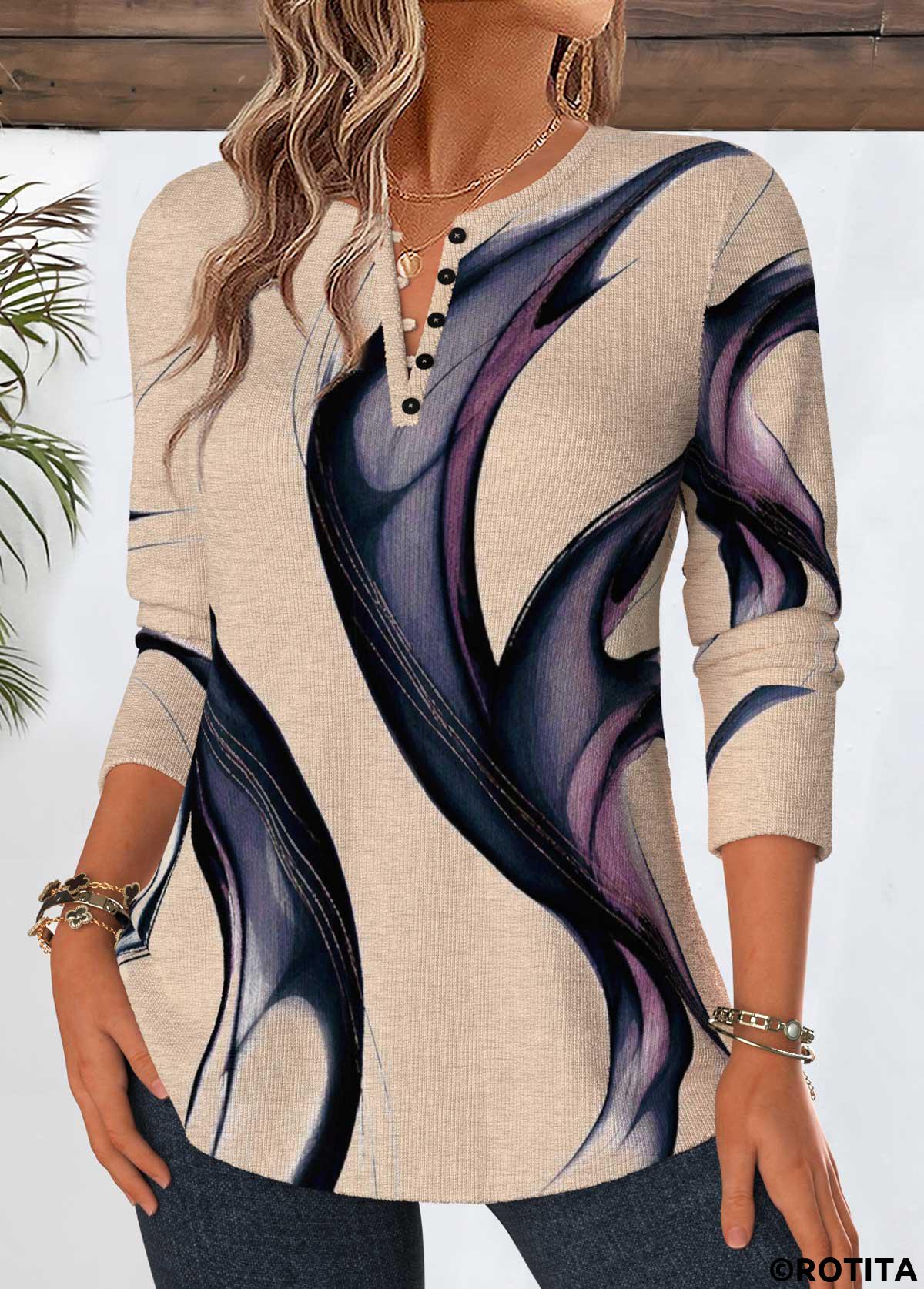 Multi Color tops,Geometric tops,ROTITA Tummy Coverage Geometric Print Multi Color T Shirt