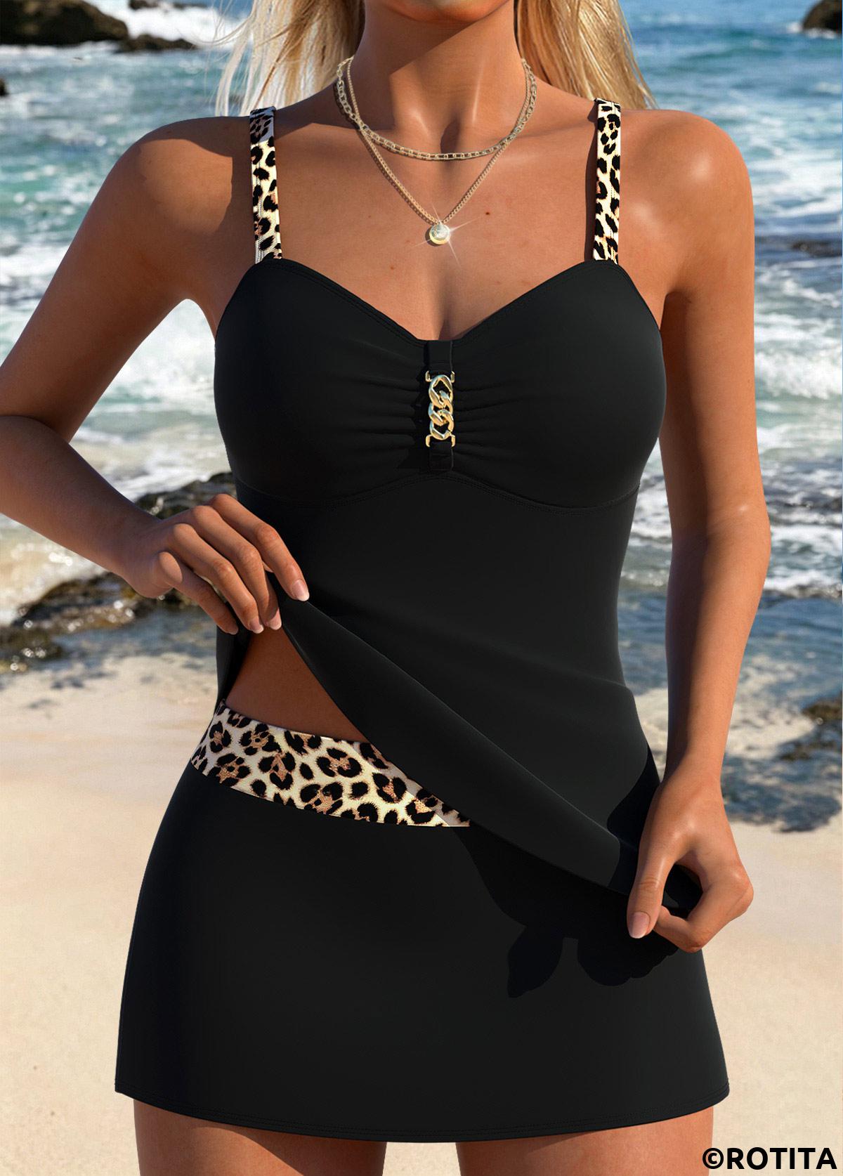 Black swimwear,Leopard swimwear,Animal Print swimwear,ROTITA Black Two-piece Leopard Mid Waisted Tankini Set