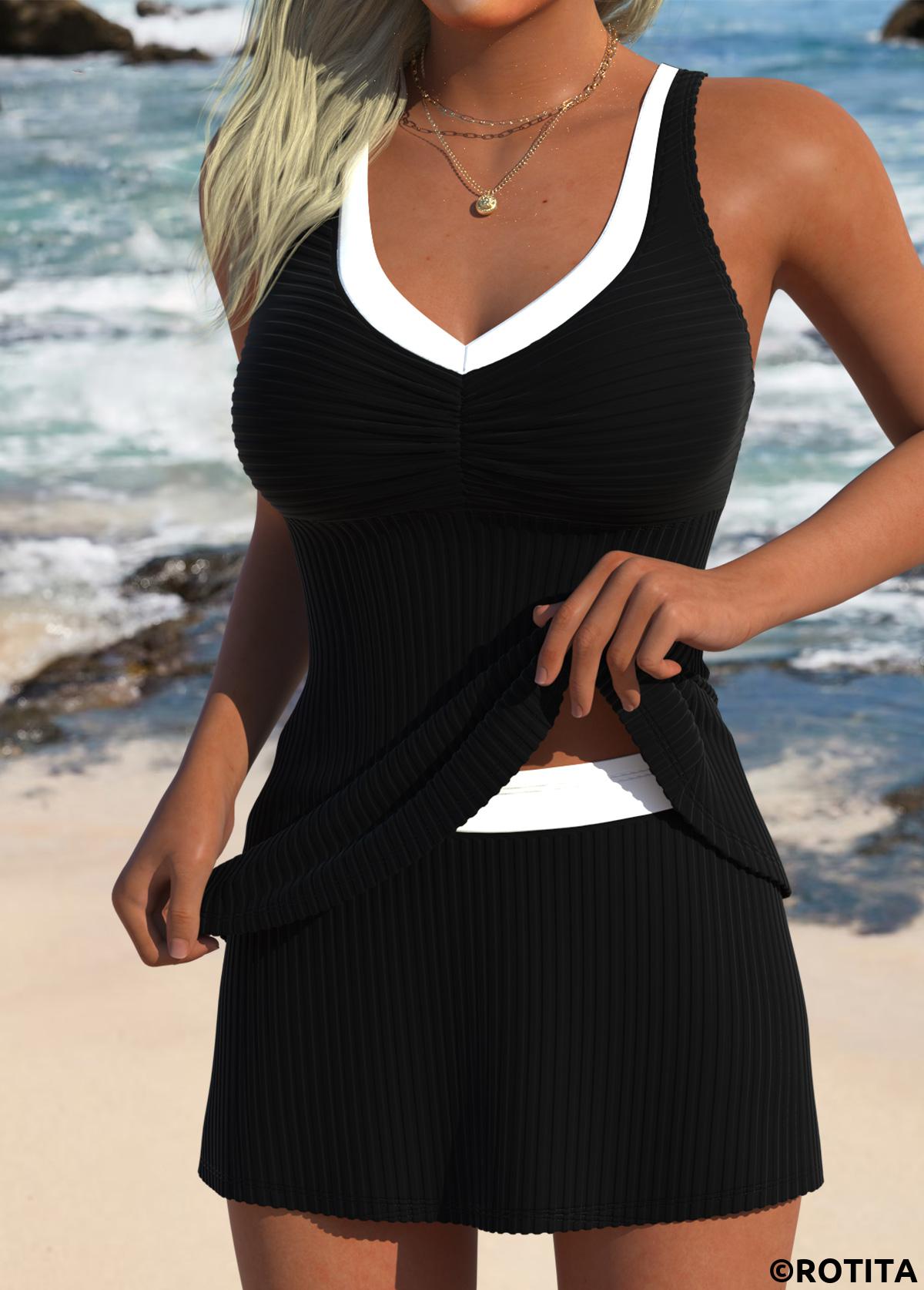 Black swimwear,Plain Color swimwear,ROTITA Black Mid Waisted V-Neck Tankini Set