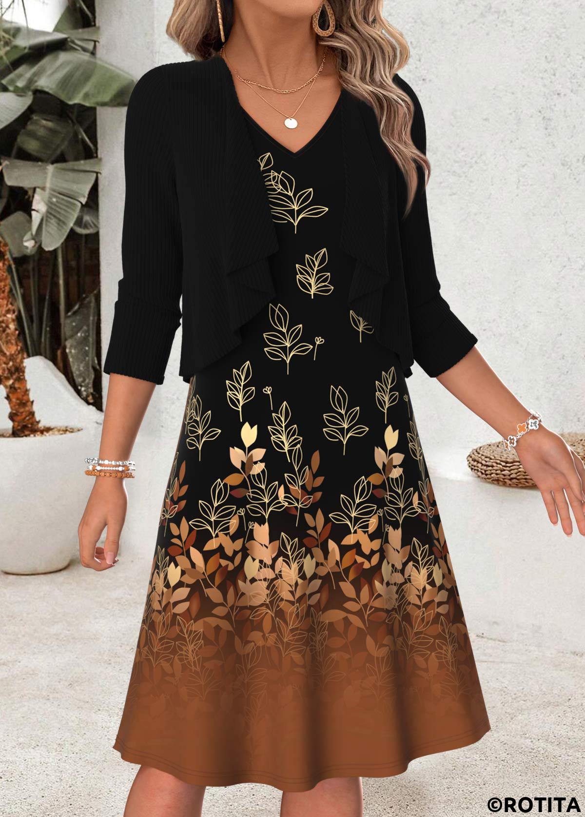 Black dresses,Plants dresses,Everyday dresses,Casual dresses,ROTITA Black Leaf Print Two-piece V Neck Dress and Cardigan