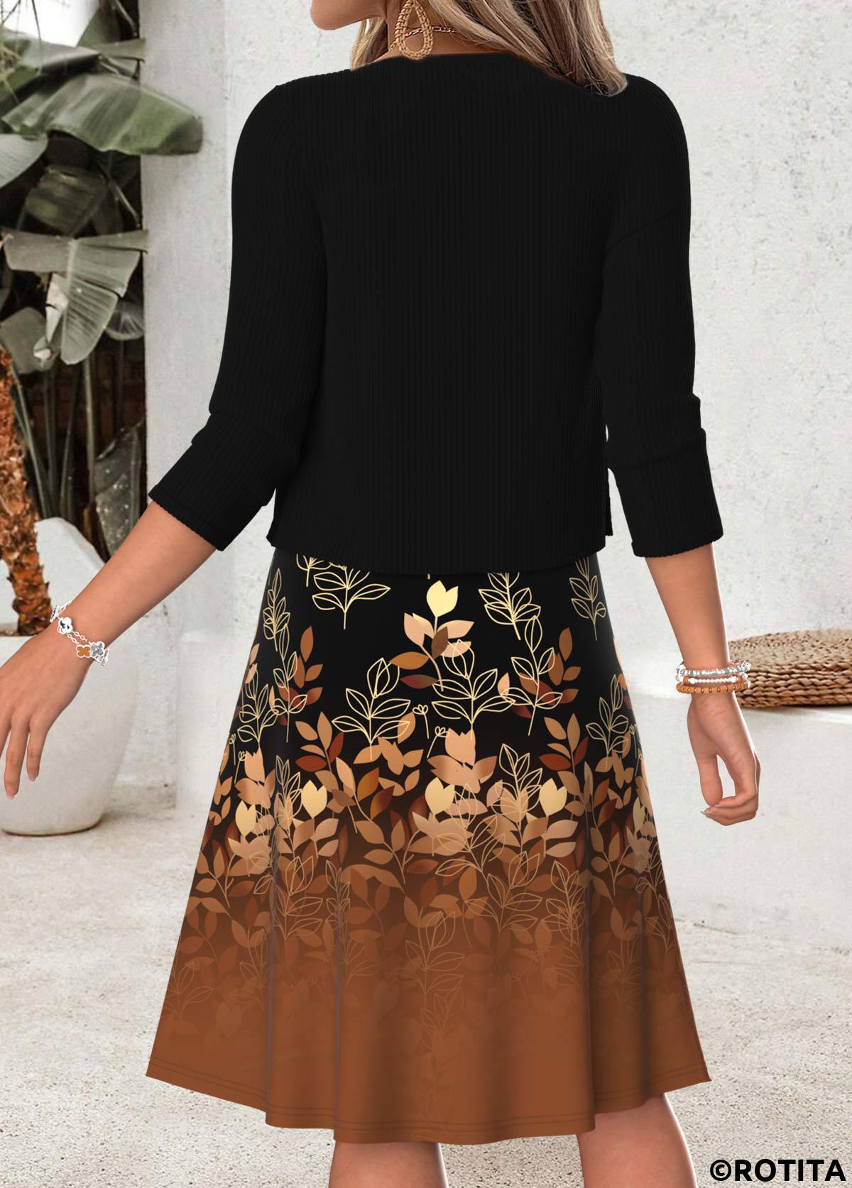 Black dresses,Plants dresses,Everyday dresses,Casual dresses,ROTITA Black Leaf Print Two-piece V Neck Dress and Cardigan