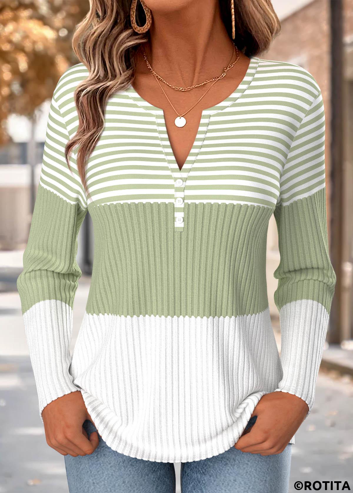Light Green tops,Striped tops,Geometric tops,ROTITA Button Striped Light Green Split Neck T Shirt