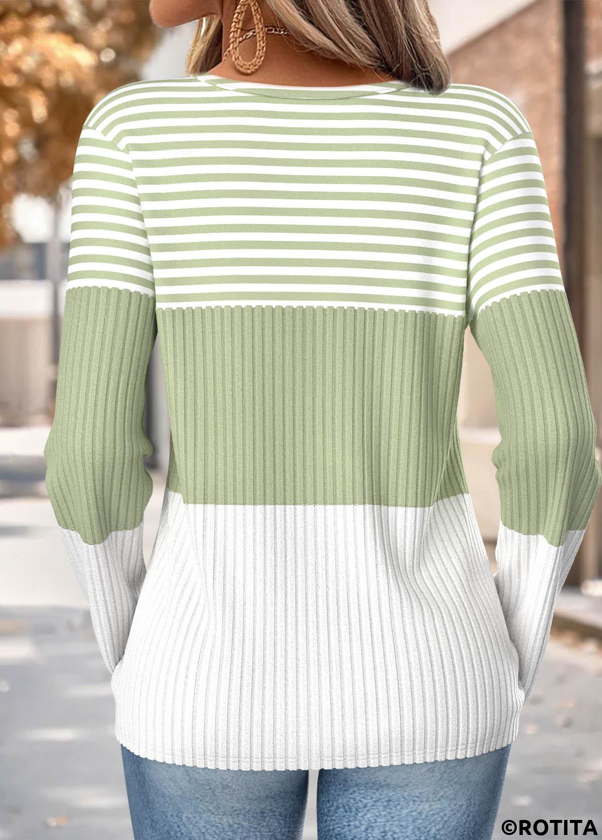 Light Green tops,Striped tops,Geometric tops,ROTITA Button Striped Light Green Split Neck T Shirt