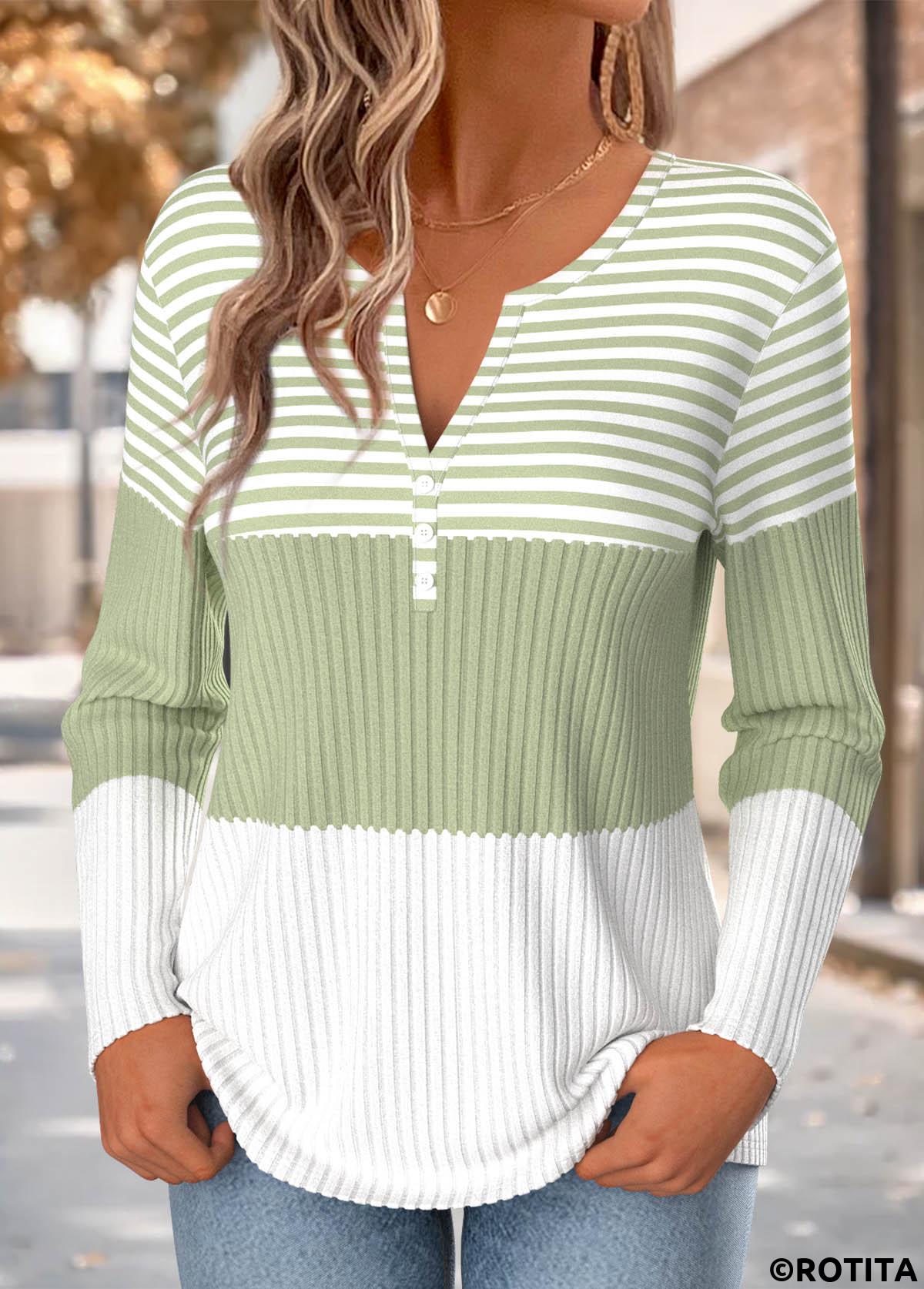 Light Green tops,Striped tops,Geometric tops,ROTITA Button Striped Light Green Split Neck T Shirt