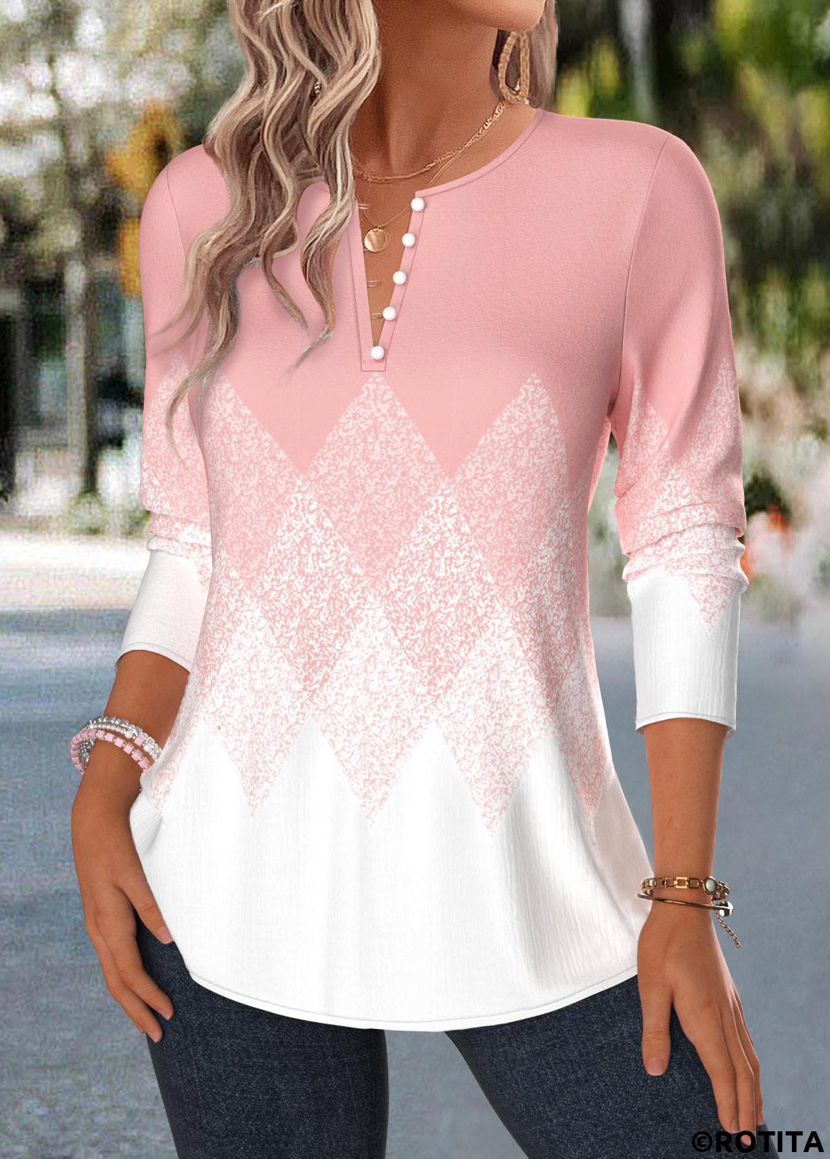 Light Pink tops,Geometric tops,ROTITA Tuck Stitch Geometric Print Light Pink Split Neck Blouse
