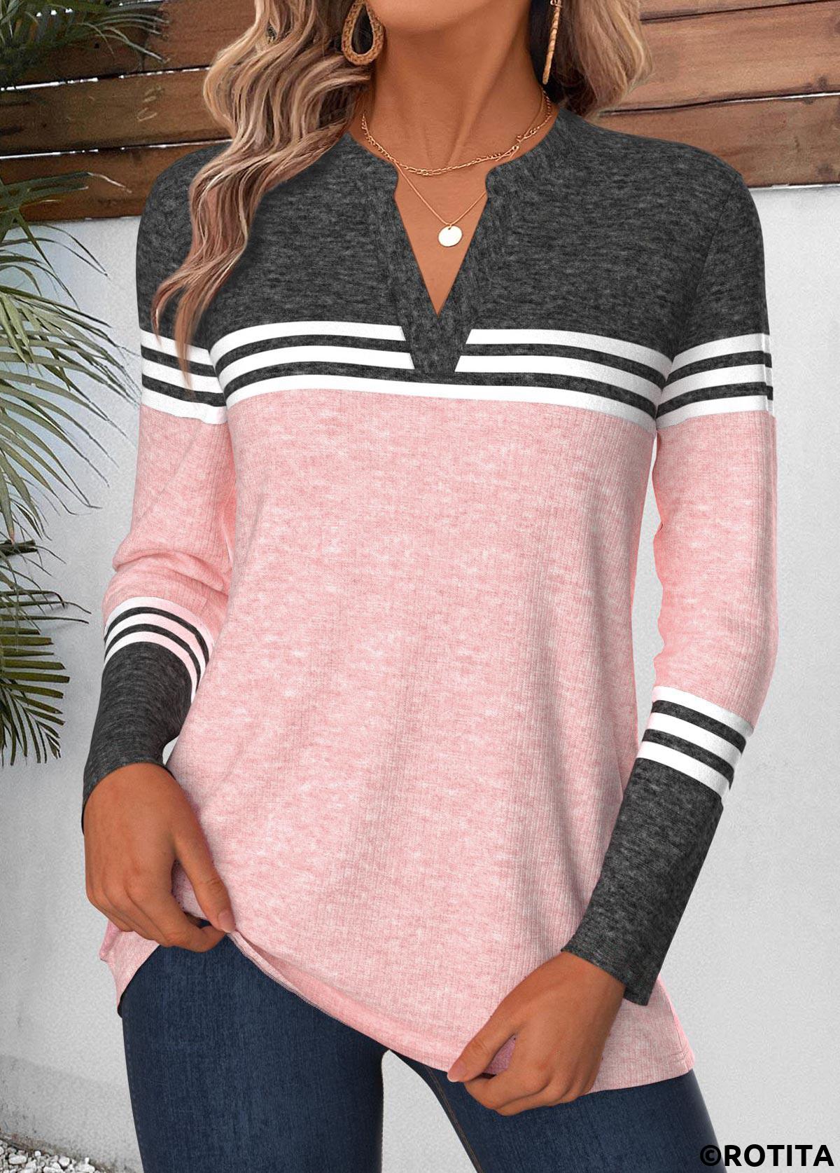 Pink tops,Geometric tops,ROTITA Curved Hem Geometric Print Pink Split Neck T Shirt