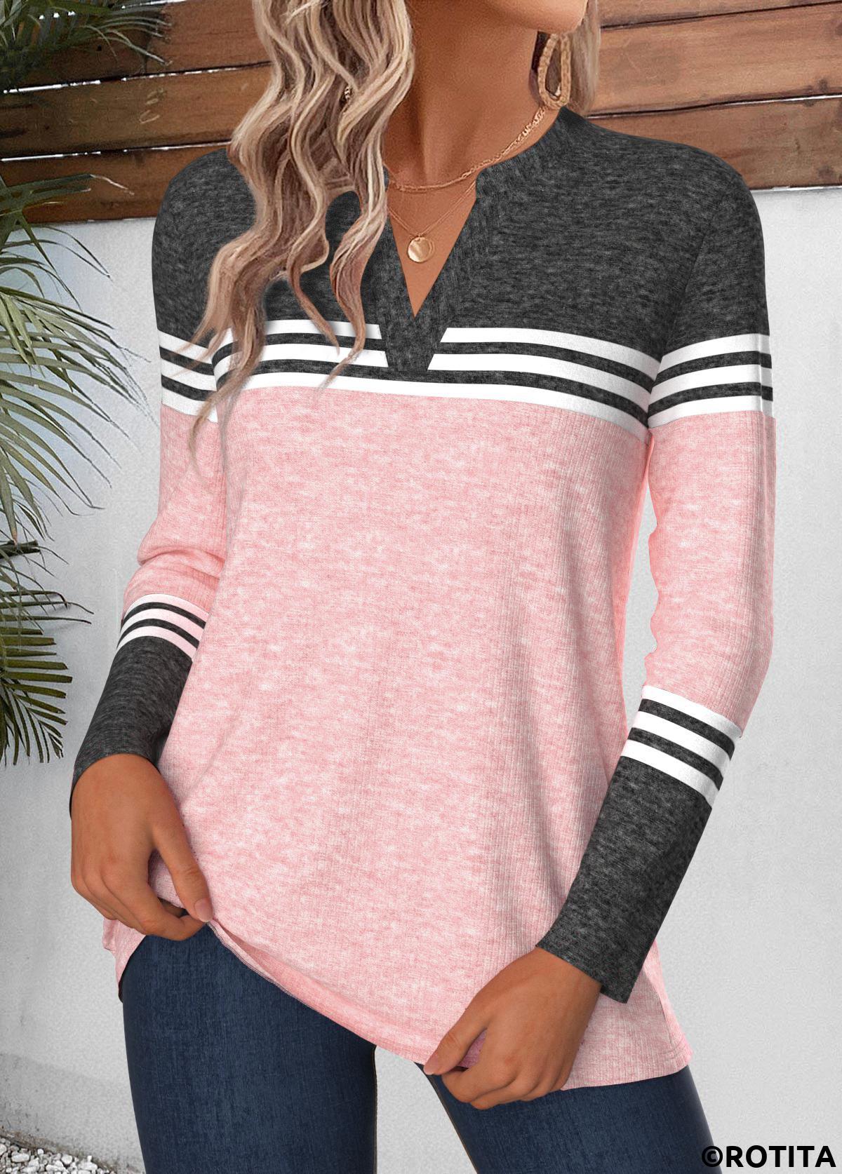 Pink tops,Geometric tops,ROTITA Curved Hem Geometric Print Pink Split Neck T Shirt