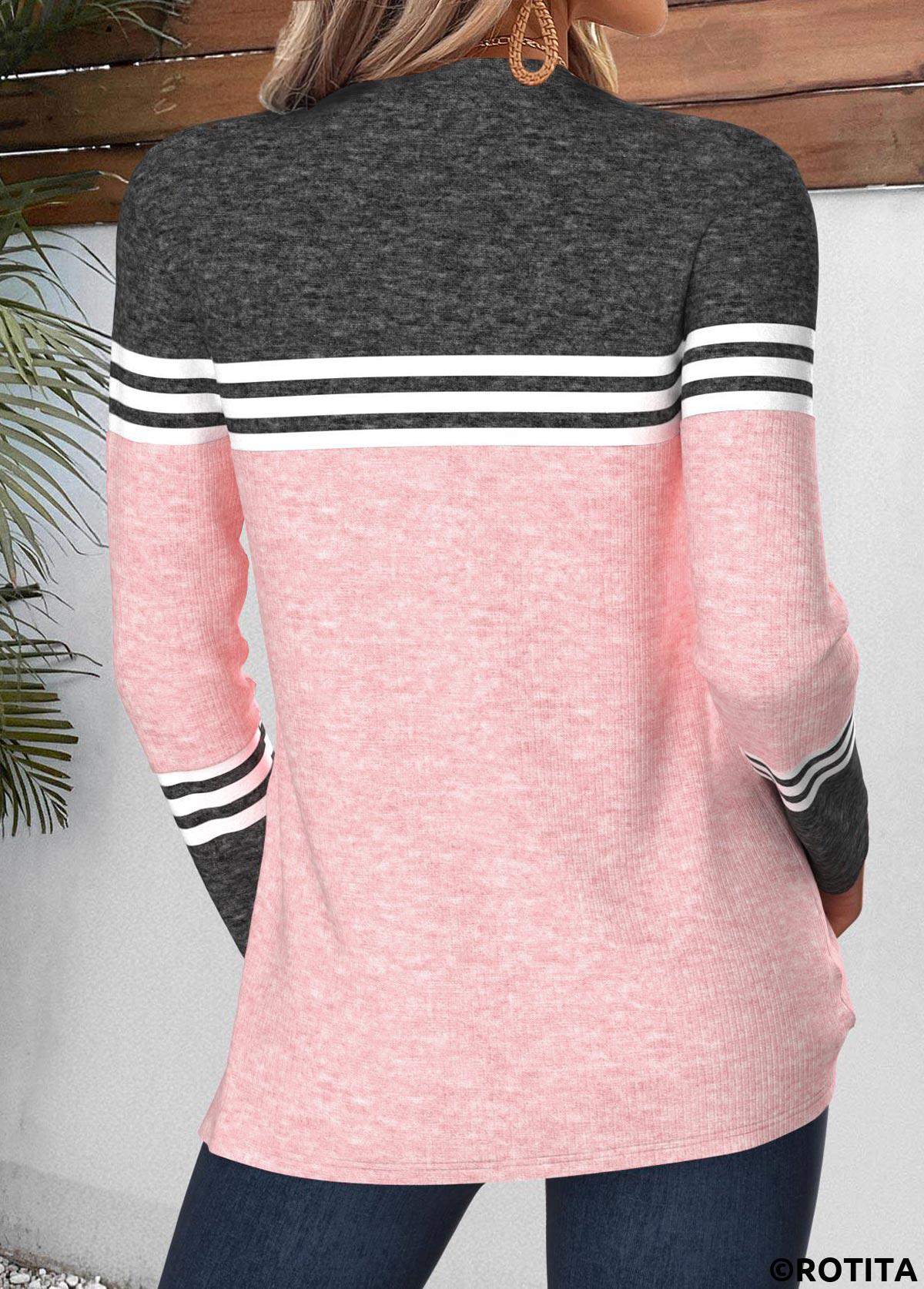 Pink tops,Geometric tops,ROTITA Curved Hem Geometric Print Pink Split Neck T Shirt