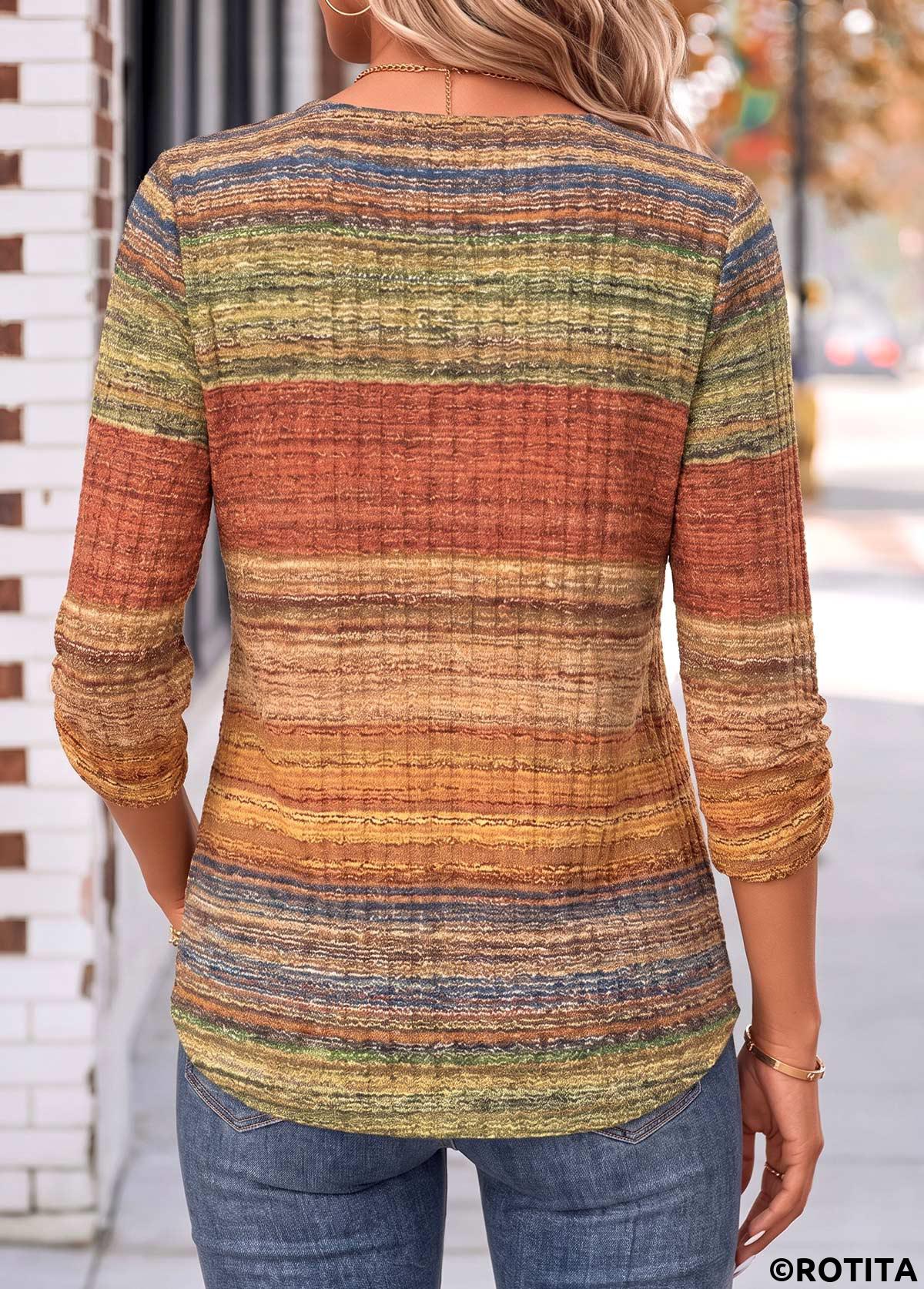 Multi Color tops,Geometric tops,ROTITA Shirred Geometric Print Multi Color 3/4 Sleeve Blouse