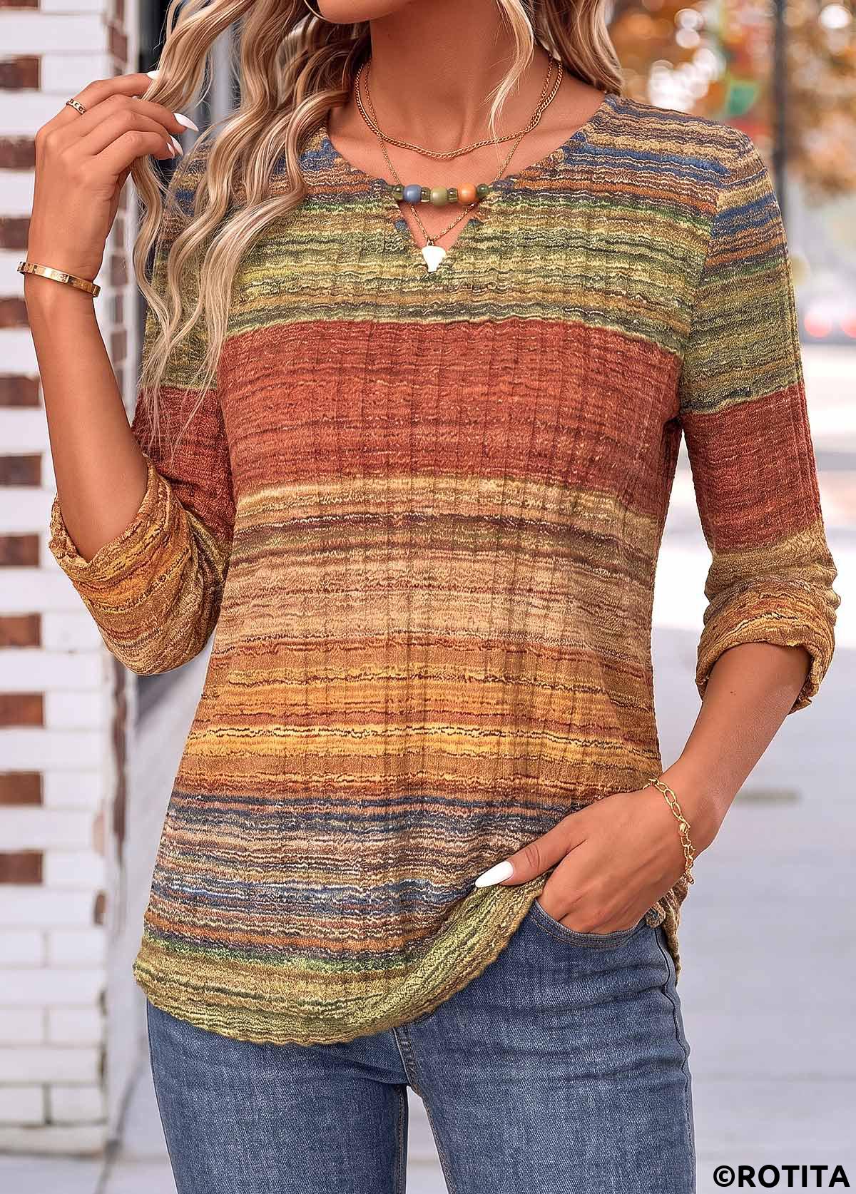 Multi Color tops,Geometric tops,ROTITA Shirred Geometric Print Multi Color 3/4 Sleeve Blouse