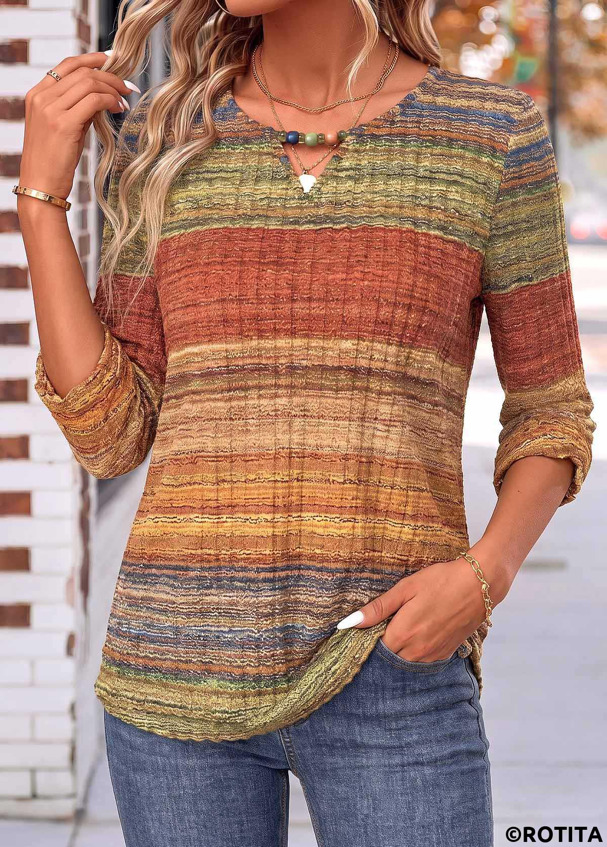 Multi Color tops,Geometric tops,ROTITA Shirred Geometric Print Multi Color 3/4 Sleeve Blouse