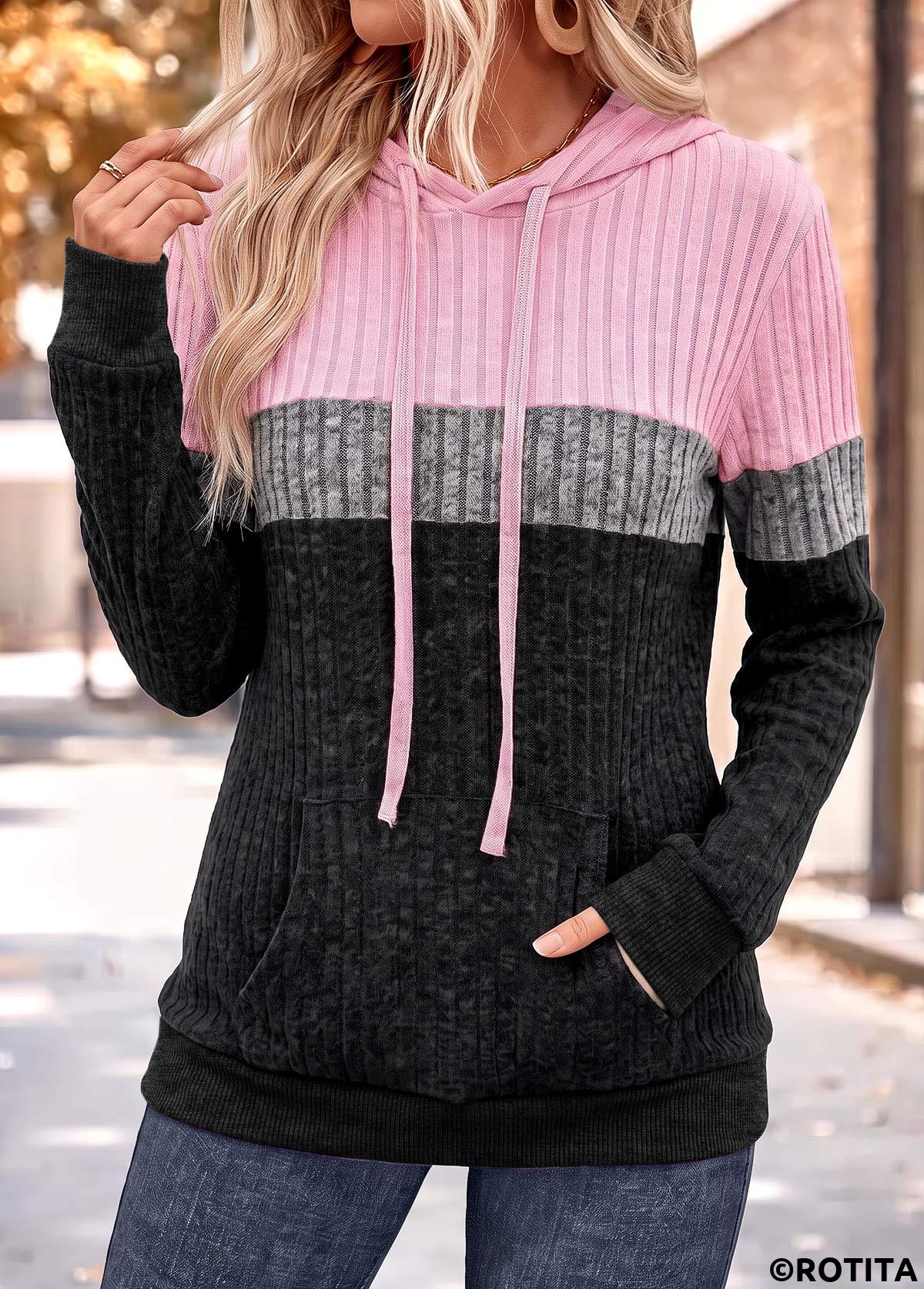 Pink tops,Plain Color tops,ROTITA Patchwork Pink Long Sleeve Tunic Hoodie