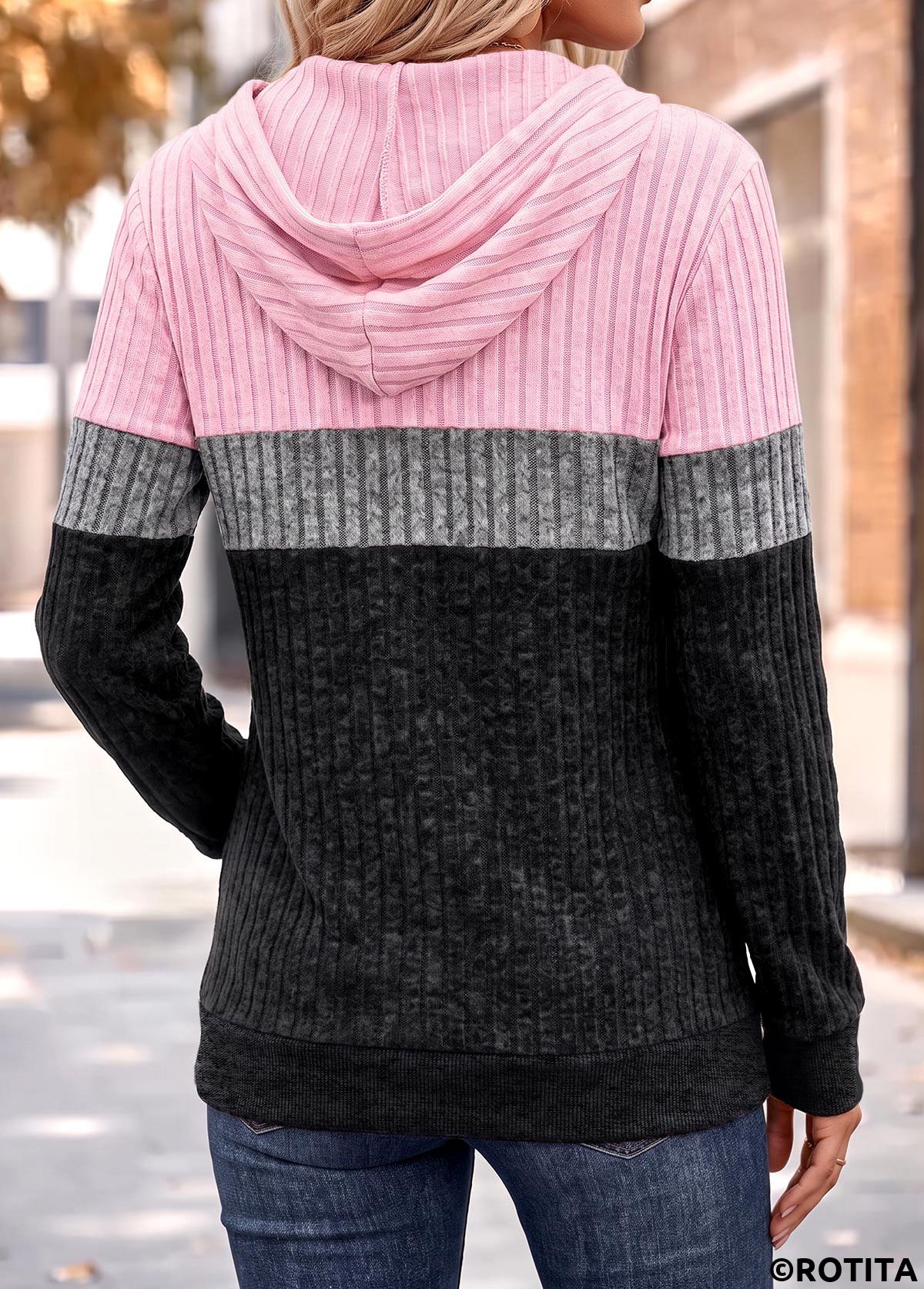 Pink tops,Plain Color tops,ROTITA Patchwork Pink Long Sleeve Tunic Hoodie