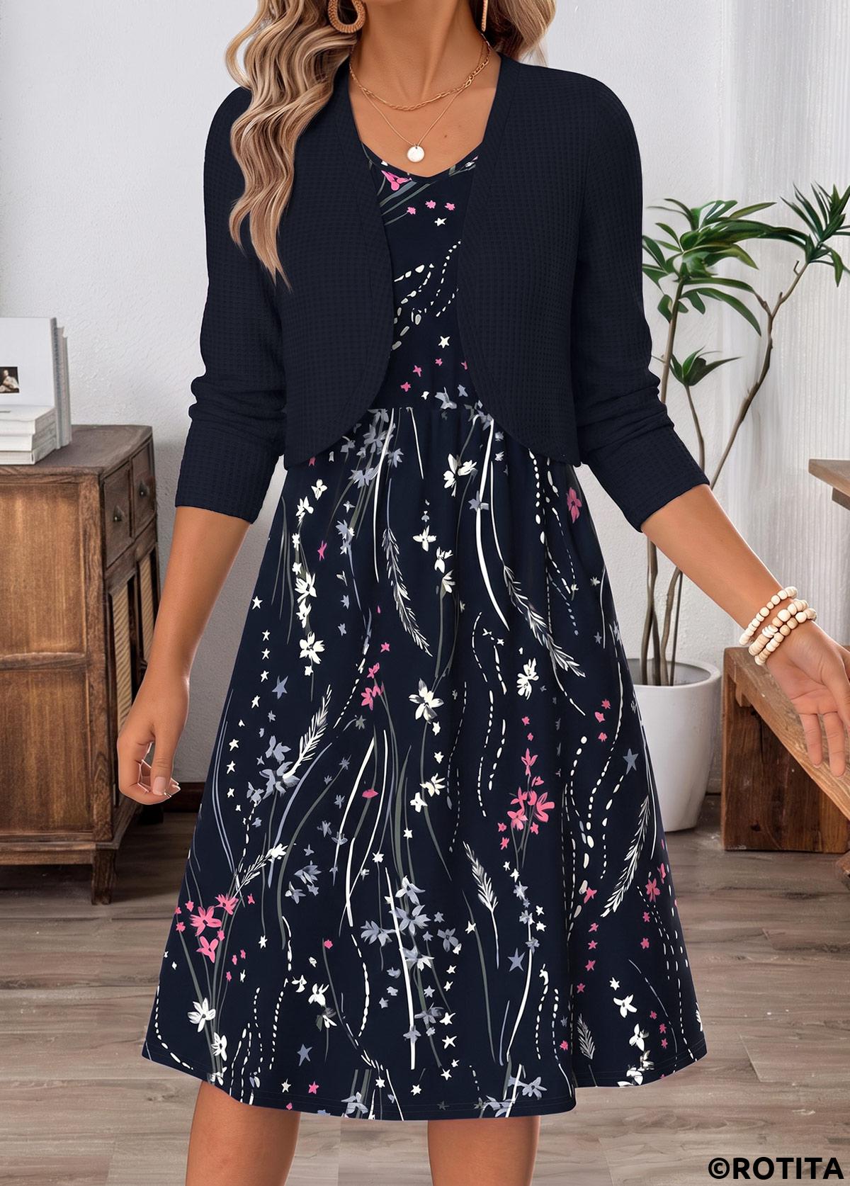 Navy dresses,Floral dresses,Plants dresses,Everyday dresses,Casual dresses,ROTITA Navy Floral Print Two-piece V Neck Dress and Cardigan