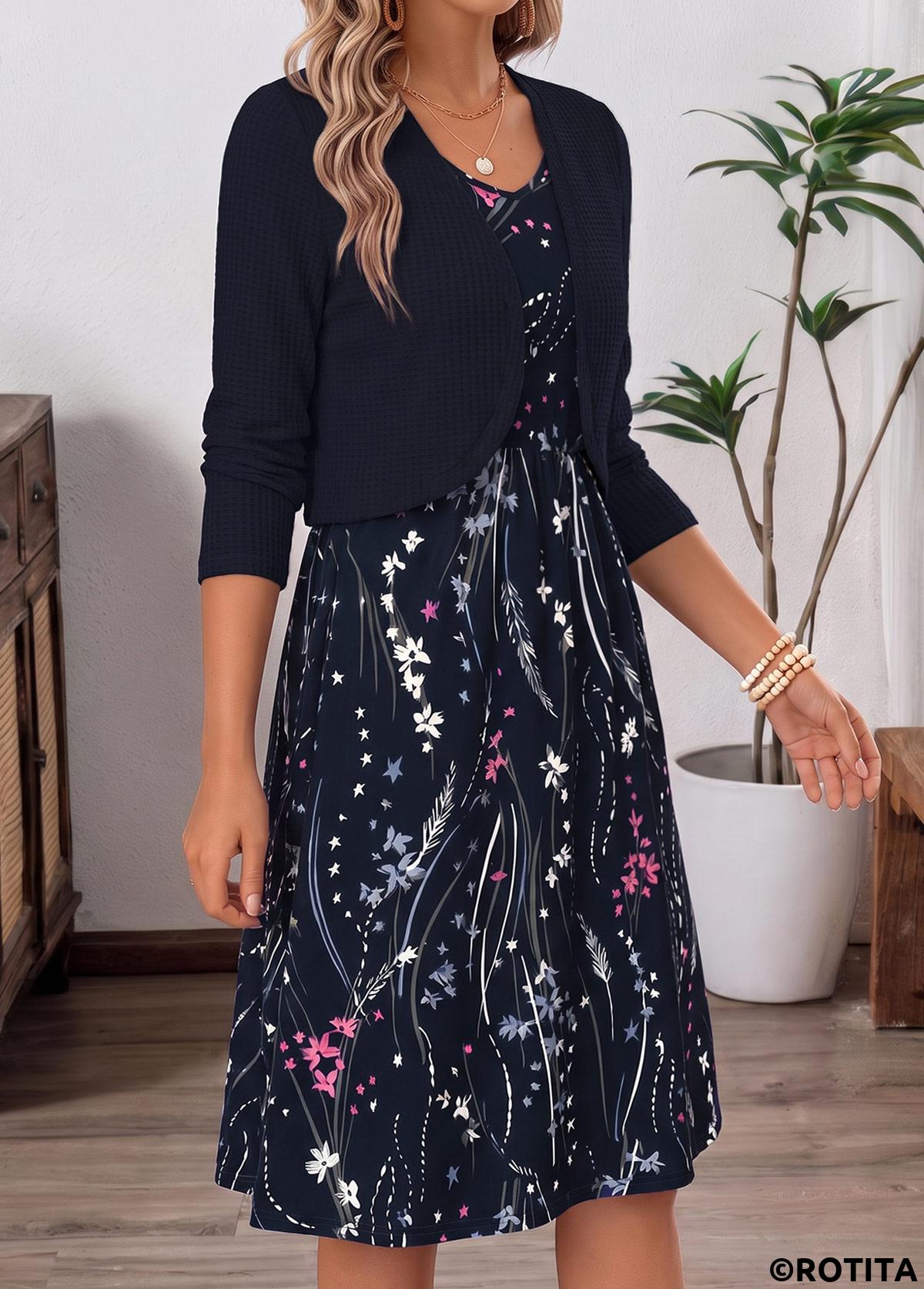 Navy dresses,Floral dresses,Plants dresses,Everyday dresses,Casual dresses,ROTITA Navy Floral Print Two-piece V Neck Dress and Cardigan