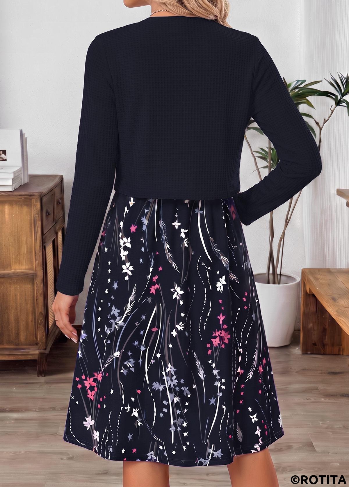 Navy dresses,Floral dresses,Plants dresses,Everyday dresses,Casual dresses,ROTITA Navy Floral Print Two-piece V Neck Dress and Cardigan