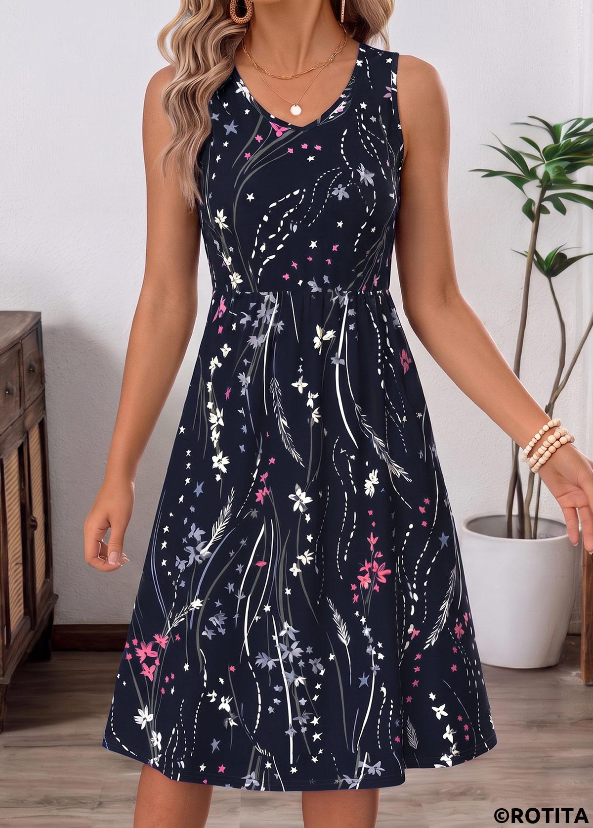 Navy dresses,Floral dresses,Plants dresses,Everyday dresses,Casual dresses,ROTITA Navy Floral Print Two-piece V Neck Dress and Cardigan