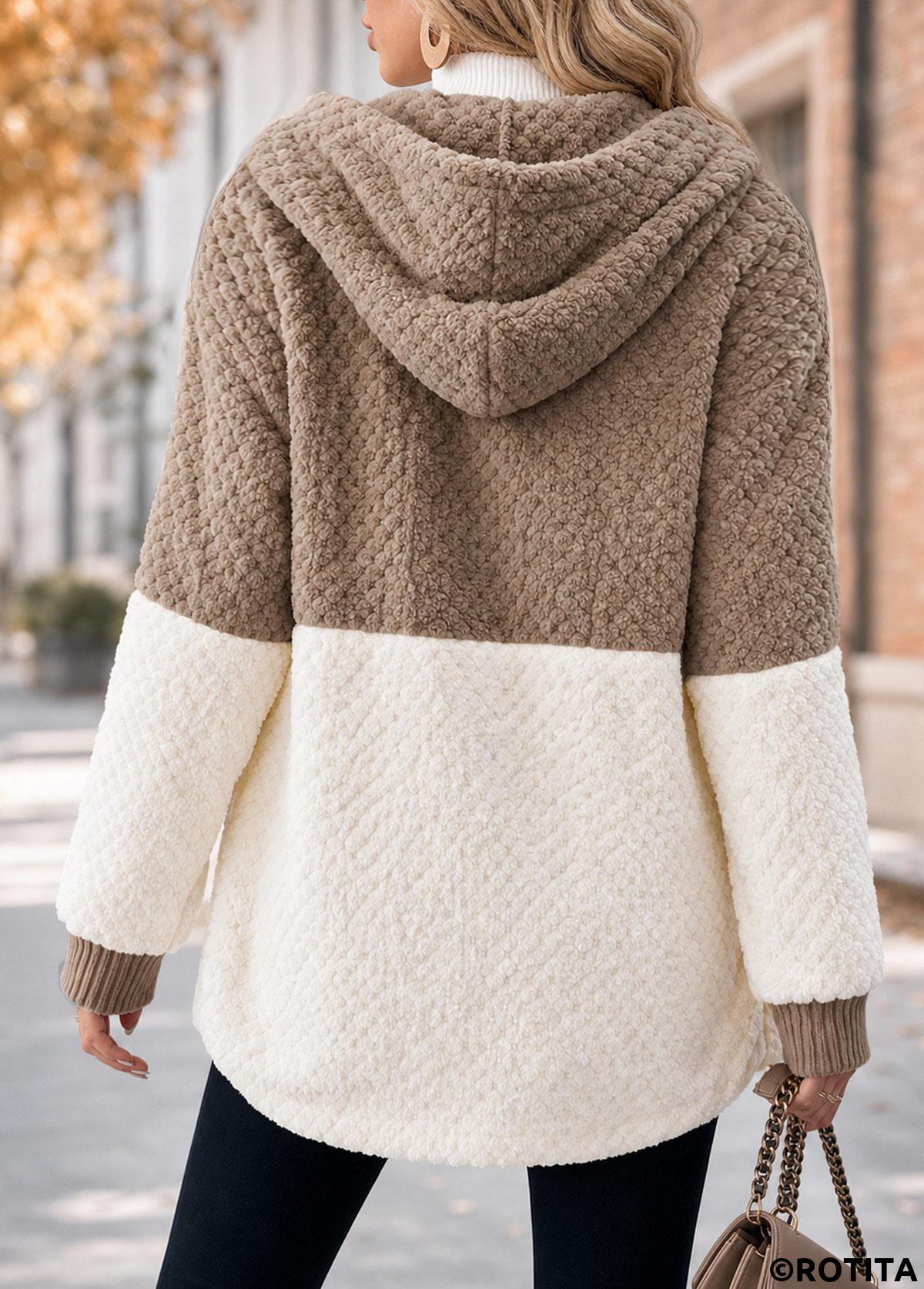 Light Camel tops,Plain Color tops,ROTITA Patchwork Light Camel Hooded Long Sleeve Coat
