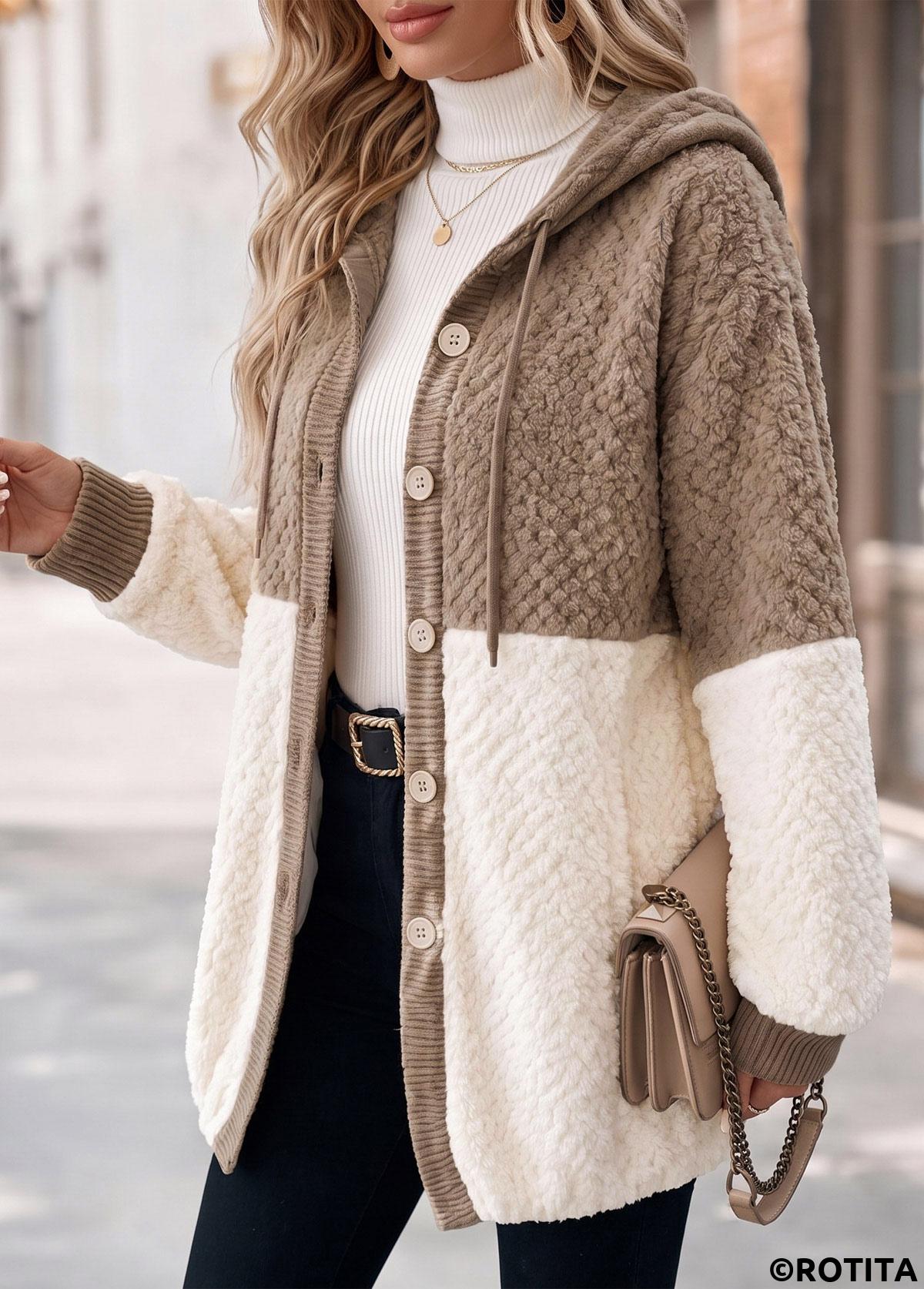 Light Camel tops,Plain Color tops,ROTITA Patchwork Light Camel Hooded Long Sleeve Coat