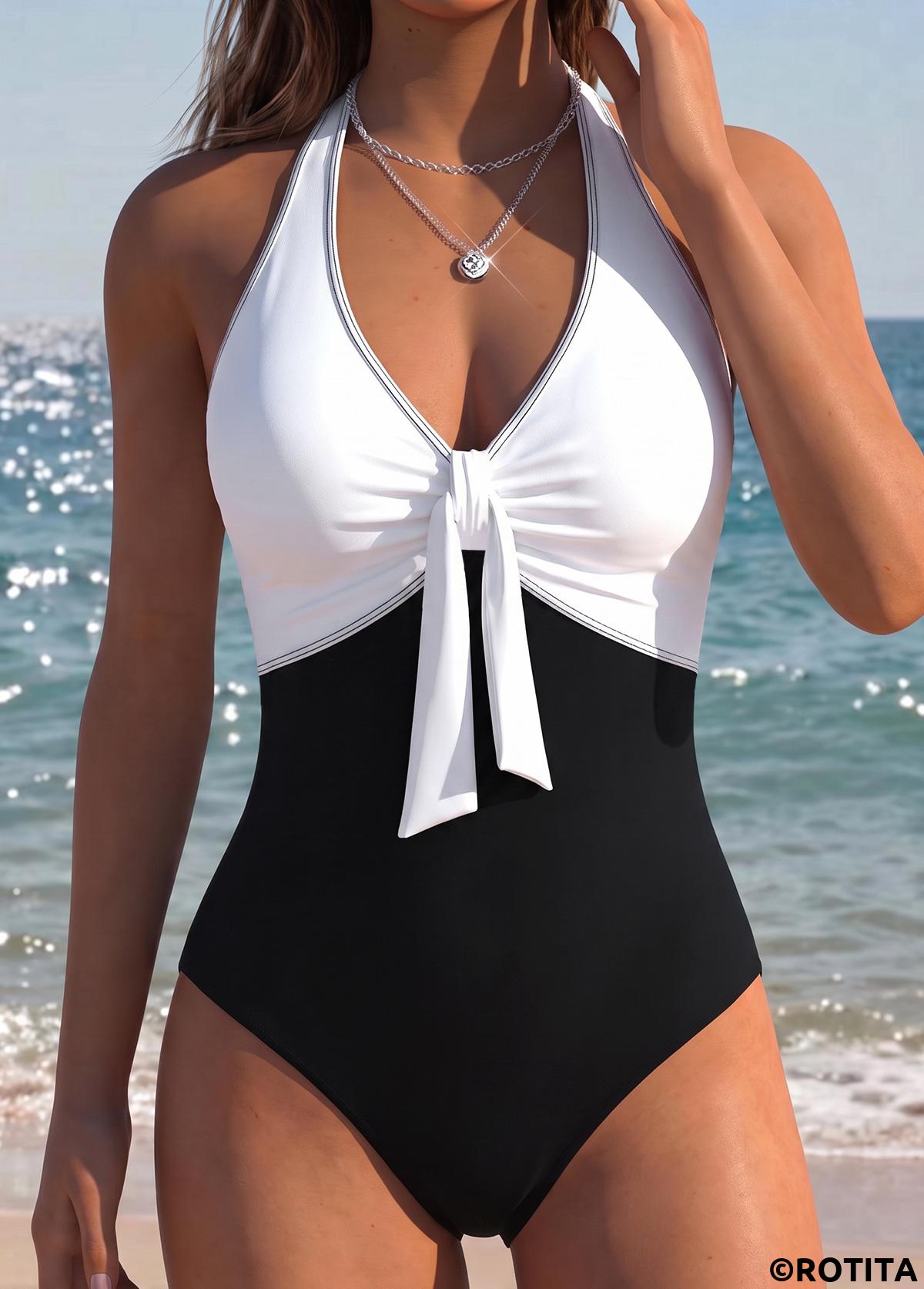 Black swimwear,Contrast Color swimwear,ROTITA Black Patchwork V-Neck One Piece Swimwear