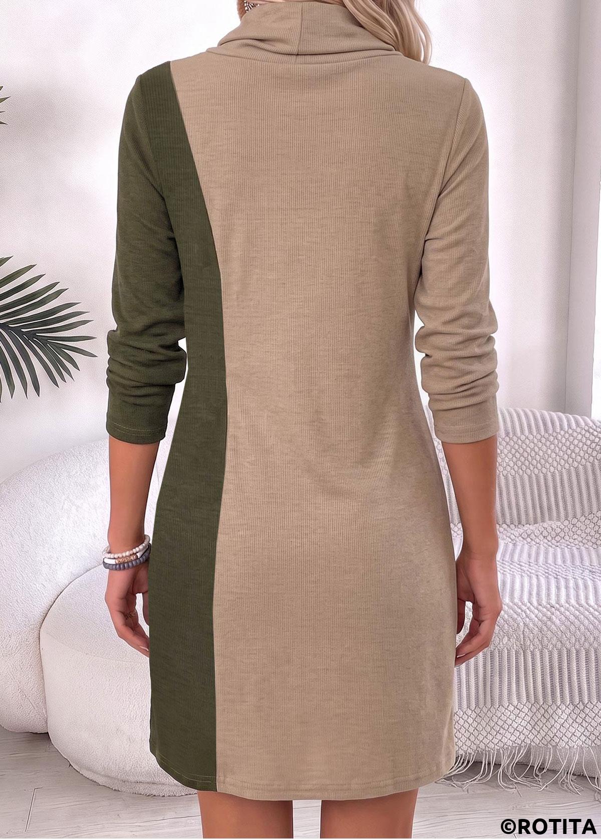 Light Camel dresses,Plain Color dresses,Everyday dresses,Casual dresses,ROTITA Light Camel Patchwork Short Cowl Neck Long Sleeve Dress