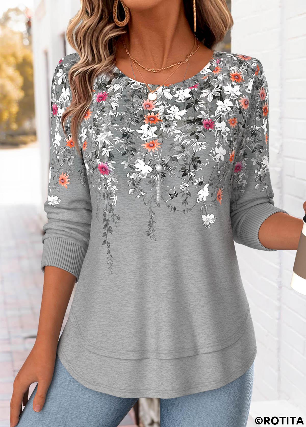 Light Grey Marl tops,Floral tops,Plants tops,ROTITA Fake 2in1 Floral Print Light Grey Marl T Shirt