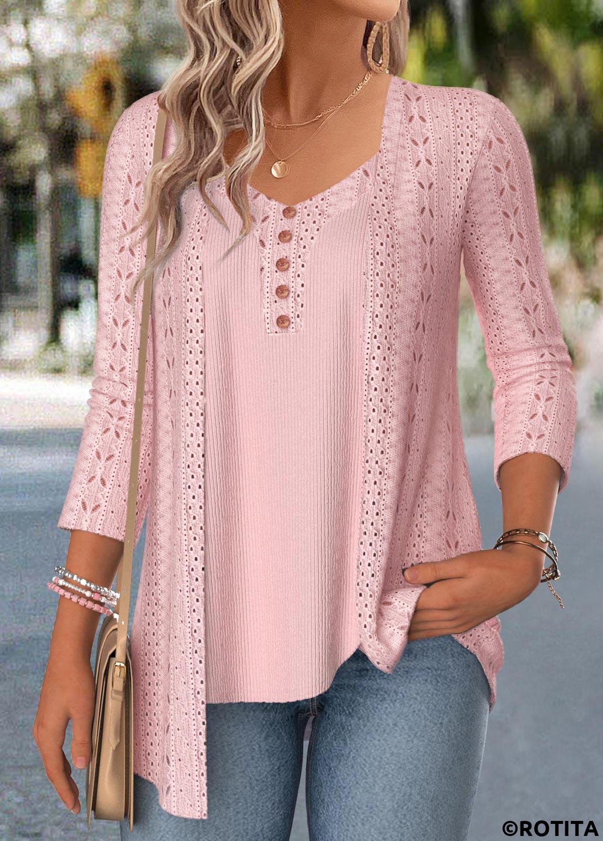 Pink tops,Plain Color tops,ROTITA Pink 3/4 Sleeve Fake Two Piece Twinset