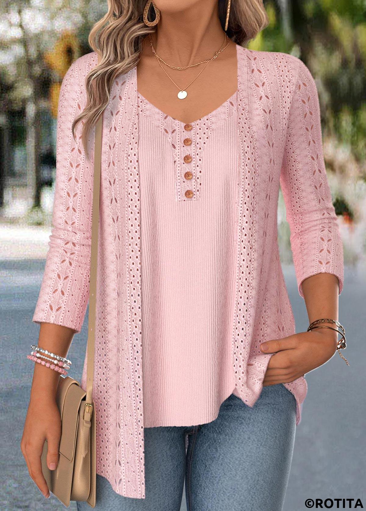 Pink tops,Plain Color tops,ROTITA Pink 3/4 Sleeve Fake Two Piece Twinset